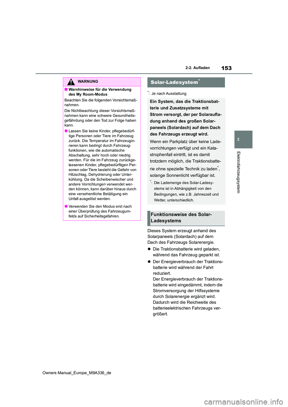 TOYOTA BZ4X 2022 Betriebsanleitungen (in German) 153
2
Owners Manual_Europe_M9A336_de
2-2. Aufladen
Elektrofahrzeugsystem
*: Je nach Ausstattung
Dieses System erzeugt anhand des
Solarpaneels (Solardach) auf dem
Dach des Fahrzeugs Solarenergie.
TOYOTA BZ4X 2022 Betriebsanleitungen (in German) 153
2
Owners Manual_Europe_M9A336_de
2-2. Aufladen
Elektrofahrzeugsystem
*: Je nach Ausstattung
Dieses System erzeugt anhand des
Solarpaneels (Solardach) auf dem
Dach des Fahrzeugs Solarenergie.