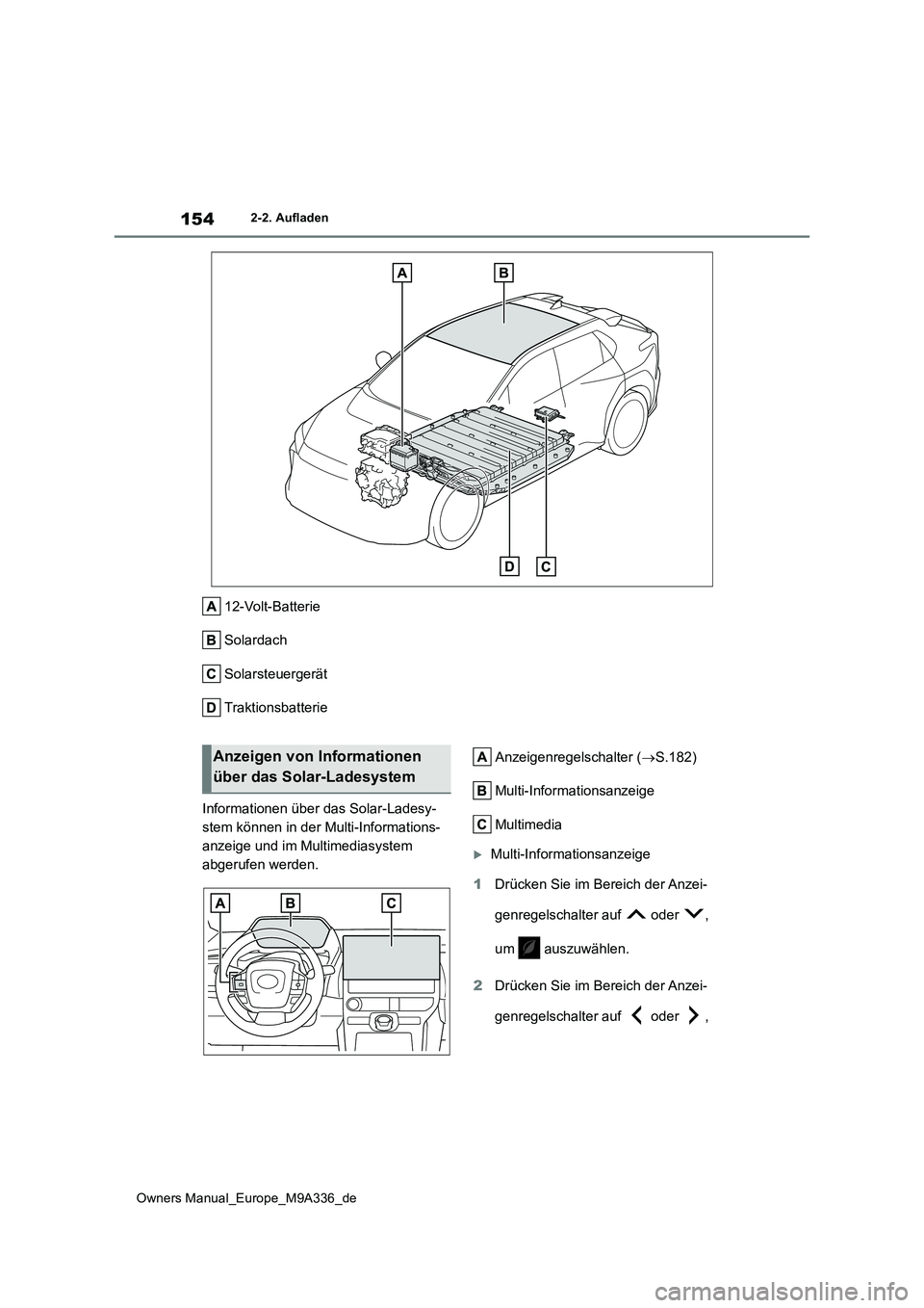 TOYOTA BZ4X 2022 Betriebsanleitungen (in German) 154
Owners Manual_Europe_M9A336_de
2-2. Aufladen
12-Volt-Batterie
Solardach
Solarsteuergerät
Traktionsbatterie
Informationen über das Solar-Ladesy-
stem können in der Multi-Informations-
anzeige TOYOTA BZ4X 2022 Betriebsanleitungen (in German) 154
Owners Manual_Europe_M9A336_de
2-2. Aufladen
12-Volt-Batterie
Solardach
Solarsteuergerät
Traktionsbatterie
Informationen über das Solar-Ladesy-
stem können in der Multi-Informations-
anzeige