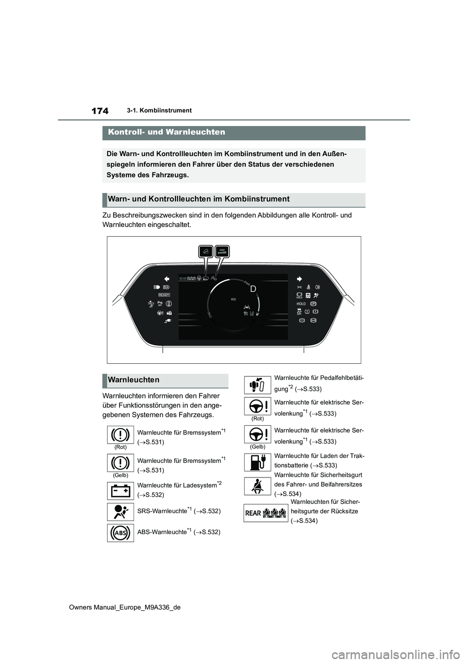 TOYOTA BZ4X 2022 Betriebsanleitungen (in German) 174
Owners Manual_Europe_M9A336_de
3-1. Kombiinstrument
3-1.Kombiins trument
Zu Beschreibungszwecken sind in den folgenden Abbildungen alle Kontroll- und
Warnleuchten eingeschaltet.
Warnleuchten in TOYOTA BZ4X 2022 Betriebsanleitungen (in German) 174
Owners Manual_Europe_M9A336_de
3-1. Kombiinstrument
3-1.Kombiins trument
Zu Beschreibungszwecken sind in den folgenden Abbildungen alle Kontroll- und
Warnleuchten eingeschaltet.
Warnleuchten in