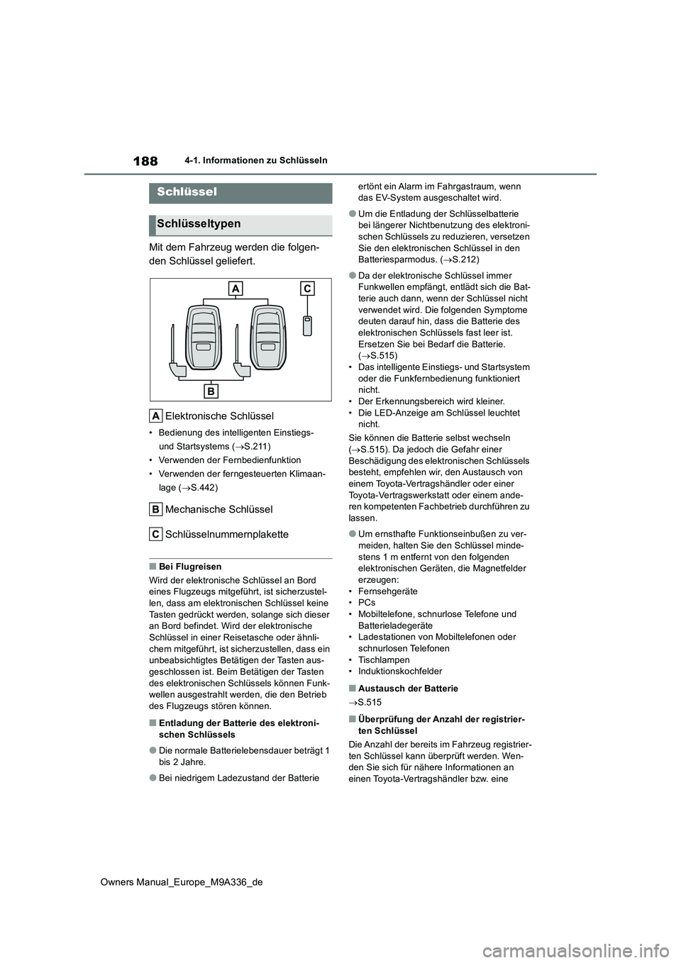TOYOTA BZ4X 2022 Betriebsanleitungen (in German) 188
Owners Manual_Europe_M9A336_de
4-1. Informationen zu Schlüsseln
4-1.In formatione n z u Schlüss eln
Mit dem Fahrzeug werden die folgen-
den Schlüssel geliefert.
Elektronische Schlüssel
• B TOYOTA BZ4X 2022 Betriebsanleitungen (in German) 188
Owners Manual_Europe_M9A336_de
4-1. Informationen zu Schlüsseln
4-1.In formatione n z u Schlüss eln
Mit dem Fahrzeug werden die folgen-
den Schlüssel geliefert.
Elektronische Schlüssel
• B