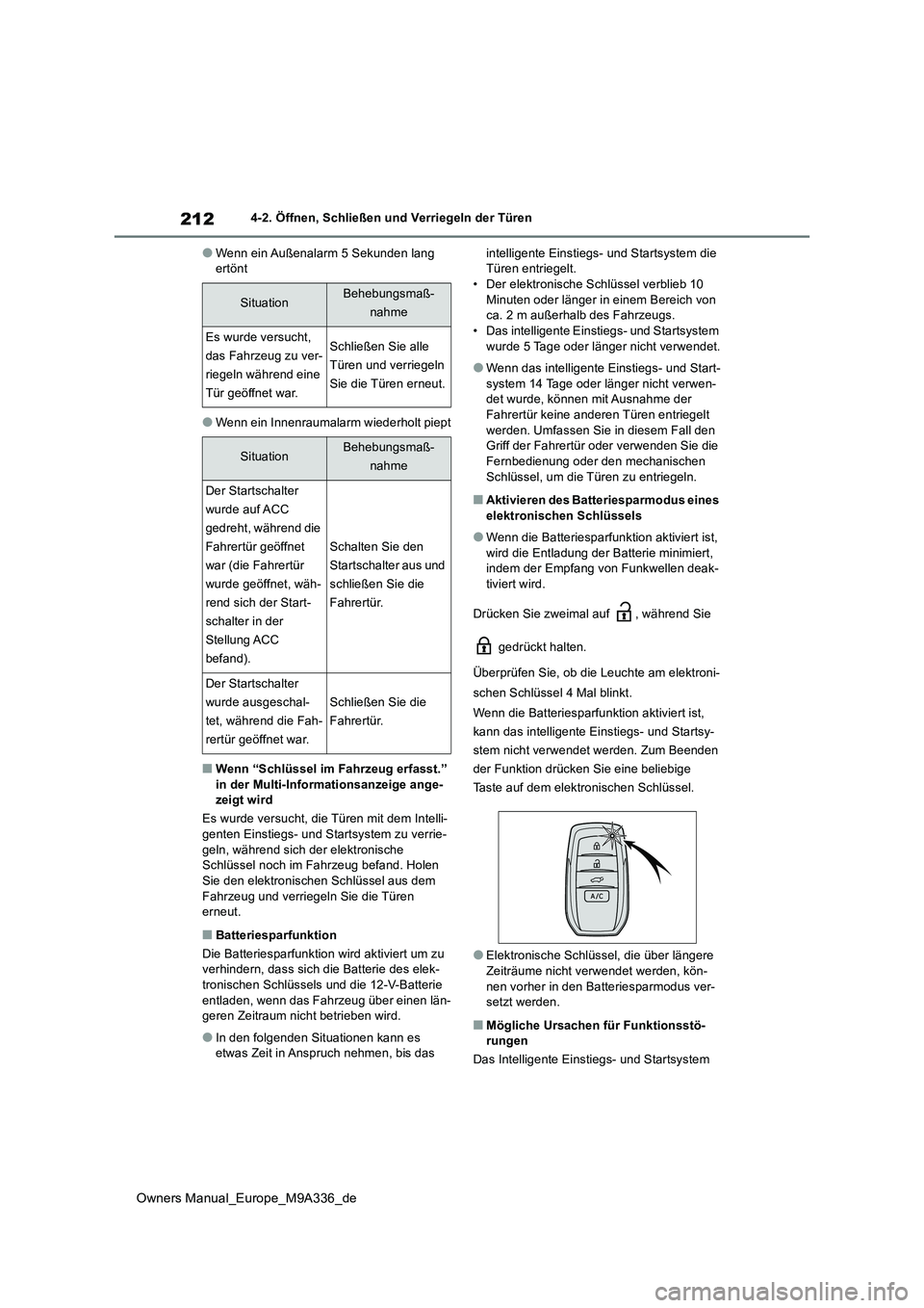 TOYOTA BZ4X 2022 Betriebsanleitungen (in German) 212
Owners Manual_Europe_M9A336_de
4-2. Öffnen, Schließen und Verriegeln der Türen
●Wenn ein Außenalarm 5 Sekunden lang ertönt
●Wenn ein Innenraumalarm wiederholt piept
■Wenn “Schlüssel TOYOTA BZ4X 2022 Betriebsanleitungen (in German) 212
Owners Manual_Europe_M9A336_de
4-2. Öffnen, Schließen und Verriegeln der Türen
●Wenn ein Außenalarm 5 Sekunden lang ertönt
●Wenn ein Innenraumalarm wiederholt piept
■Wenn “Schlüssel