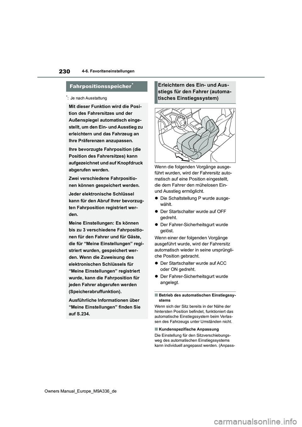 TOYOTA BZ4X 2022 Betriebsanleitungen (in German) 230
Owners Manual_Europe_M9A336_de
4-6. Favoriteneinstellungen
4-6.Favo rite neinstellun gen
*: Je nach Ausstattung
Wenn die folgenden Vorgänge ausge-
führt wurden, wird der Fahrersitz auto-
matisc TOYOTA BZ4X 2022 Betriebsanleitungen (in German) 230
Owners Manual_Europe_M9A336_de
4-6. Favoriteneinstellungen
4-6.Favo rite neinstellun gen
*: Je nach Ausstattung
Wenn die folgenden Vorgänge ausge-
führt wurden, wird der Fahrersitz auto-
matisc