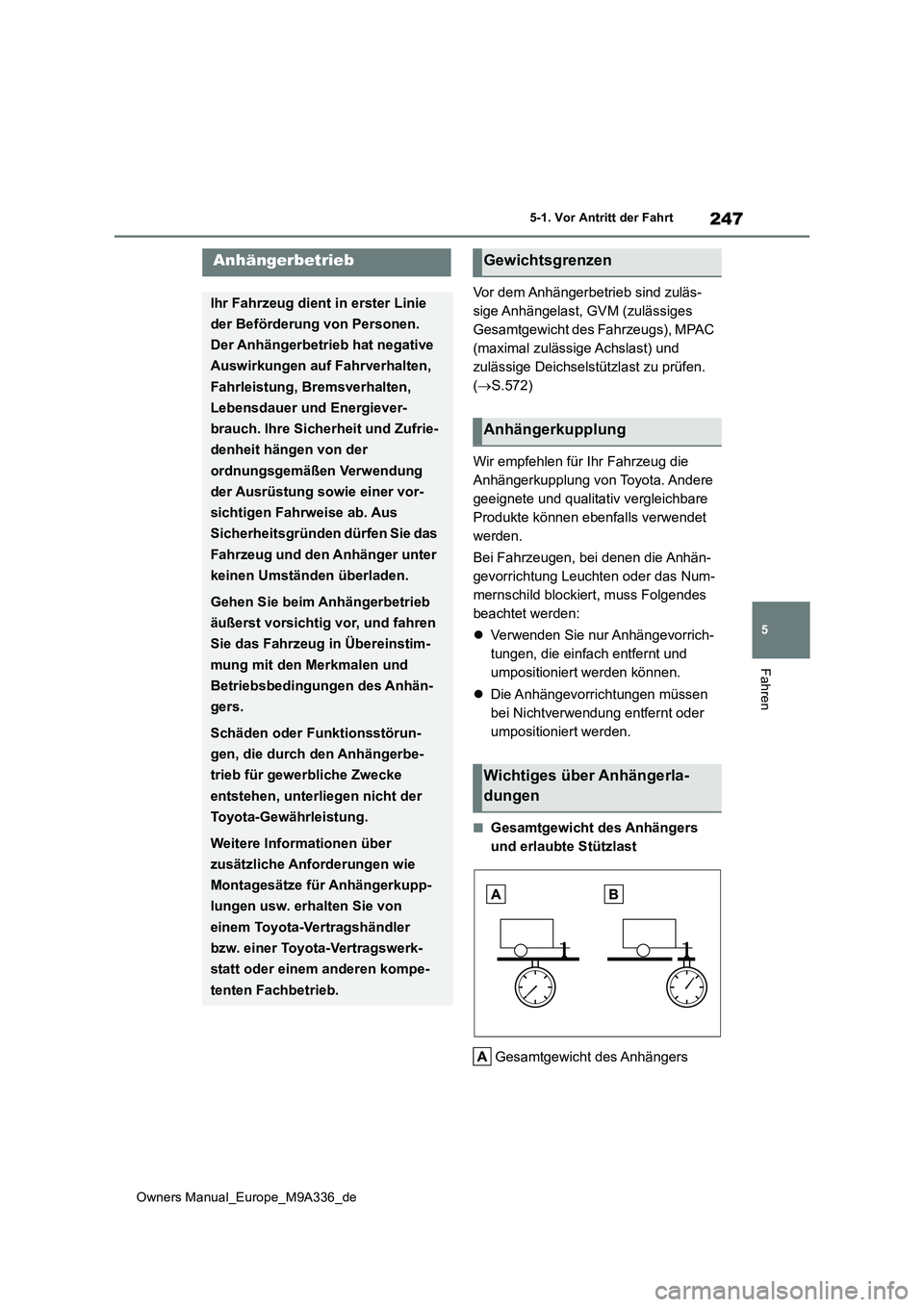 TOYOTA BZ4X 2022 Betriebsanleitungen (in German) 247
5
Owners Manual_Europe_M9A336_de
5-1. Vor Antritt der Fahrt
Fahren
Vor dem Anhängerbetrieb sind zuläs-
sige Anhängelast, GVM (zulässiges
Gesamtgewicht des Fahrzeugs), MPAC
(maximal zulässi TOYOTA BZ4X 2022 Betriebsanleitungen (in German) 247
5
Owners Manual_Europe_M9A336_de
5-1. Vor Antritt der Fahrt
Fahren
Vor dem Anhängerbetrieb sind zuläs-
sige Anhängelast, GVM (zulässiges
Gesamtgewicht des Fahrzeugs), MPAC
(maximal zulässi