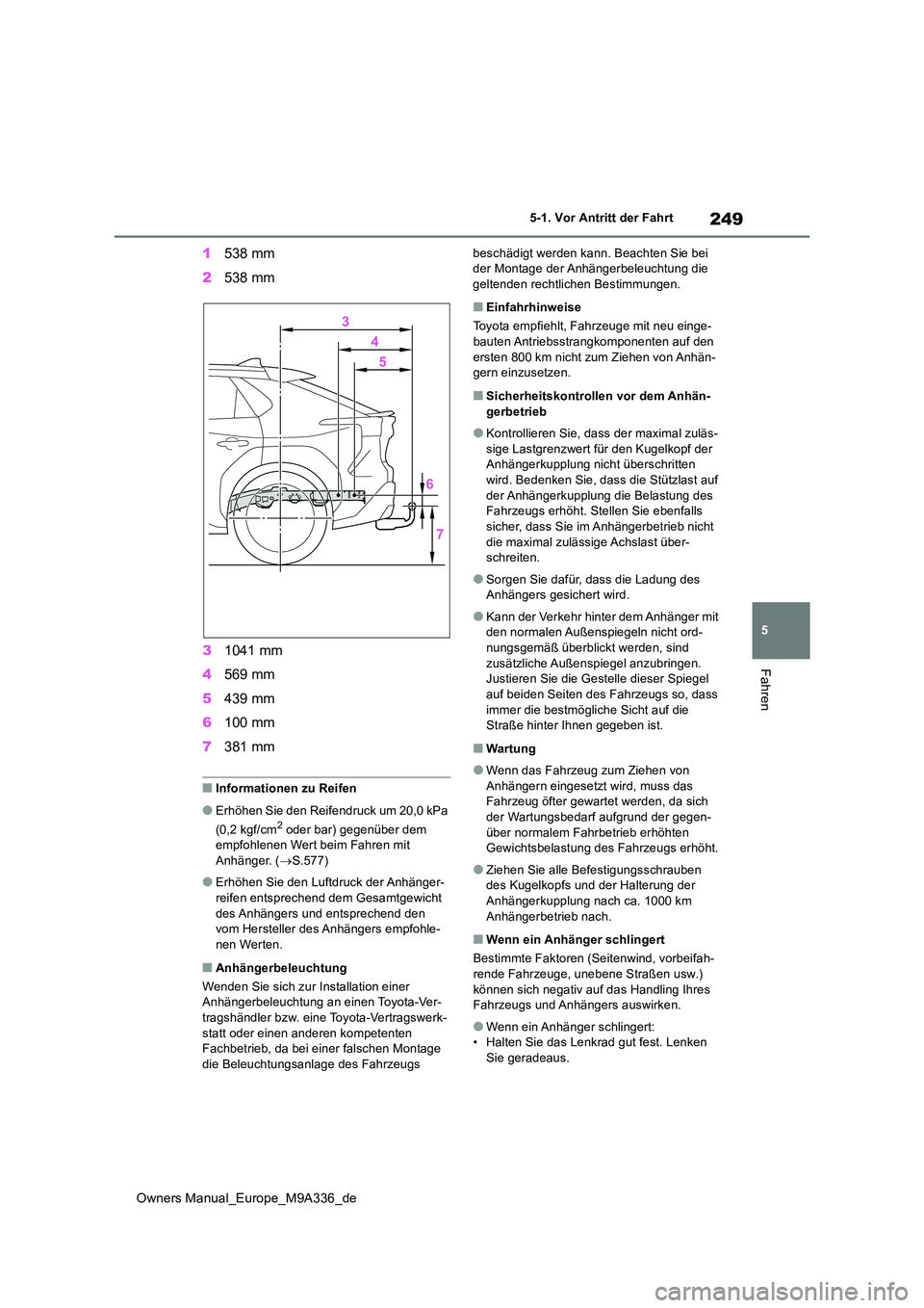 TOYOTA BZ4X 2022 Betriebsanleitungen (in German) 249
5
Owners Manual_Europe_M9A336_de
5-1. Vor Antritt der Fahrt
Fahren
1538 mm
2 538 mm
3 1041 mm
4 569 mm
5 439 mm
6 100 mm
7 381 mm
■Informationen zu Reifen
●Erhöhen Sie den Reifendruck u TOYOTA BZ4X 2022 Betriebsanleitungen (in German) 249
5
Owners Manual_Europe_M9A336_de
5-1. Vor Antritt der Fahrt
Fahren
1538 mm
2 538 mm
3 1041 mm
4 569 mm
5 439 mm
6 100 mm
7 381 mm
■Informationen zu Reifen
●Erhöhen Sie den Reifendruck u