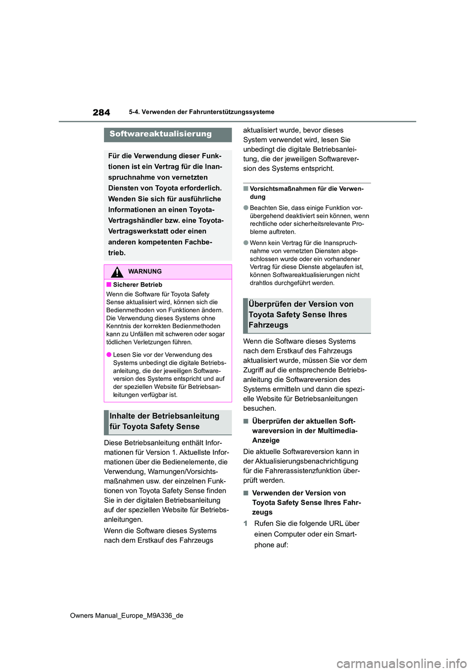 TOYOTA BZ4X 2022 Betriebsanleitungen (in German) 284
Owners Manual_Europe_M9A336_de
5-4. Verwenden der Fahrunterstützungssysteme
5-4.Verwende n d er Fah runterstü tzungss ysteme
Diese Betriebsanleitung enthält Infor-
mationen für Version 1. Akt TOYOTA BZ4X 2022 Betriebsanleitungen (in German) 284
Owners Manual_Europe_M9A336_de
5-4. Verwenden der Fahrunterstützungssysteme
5-4.Verwende n d er Fah runterstü tzungss ysteme
Diese Betriebsanleitung enthält Infor-
mationen für Version 1. Akt