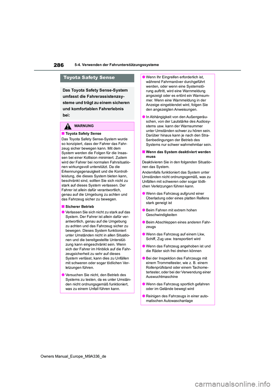 TOYOTA BZ4X 2022 Betriebsanleitungen (in German) 286
Owners Manual_Europe_M9A336_de
5-4. Verwenden der Fahrunterstützungssysteme
Toyota Safety Sense
Das Toyota Safety Sense-System
umfasst die Fahrerassistenzsy-
steme und trägt zu einem sicheren TOYOTA BZ4X 2022 Betriebsanleitungen (in German) 286
Owners Manual_Europe_M9A336_de
5-4. Verwenden der Fahrunterstützungssysteme
Toyota Safety Sense
Das Toyota Safety Sense-System
umfasst die Fahrerassistenzsy-
steme und trägt zu einem sicheren