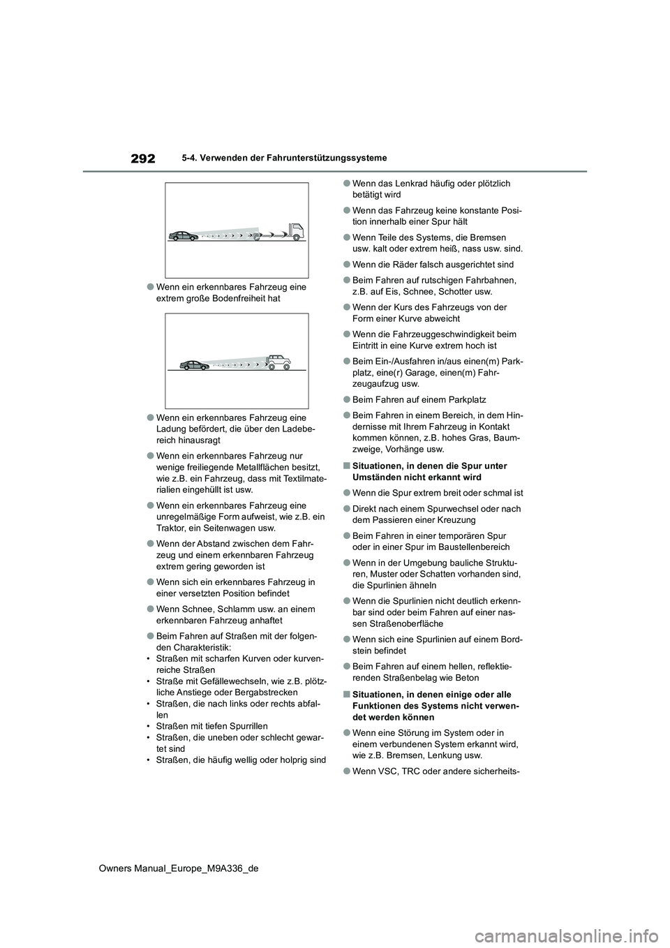 TOYOTA BZ4X 2022 Betriebsanleitungen (in German) 292
Owners Manual_Europe_M9A336_de
5-4. Verwenden der Fahrunterstützungssysteme
●Wenn ein erkennbares Fahrzeug eine extrem große Bodenfreiheit hat
●Wenn ein erkennbares Fahrzeug eine Ladung bef TOYOTA BZ4X 2022 Betriebsanleitungen (in German) 292
Owners Manual_Europe_M9A336_de
5-4. Verwenden der Fahrunterstützungssysteme
●Wenn ein erkennbares Fahrzeug eine extrem große Bodenfreiheit hat
●Wenn ein erkennbares Fahrzeug eine Ladung bef