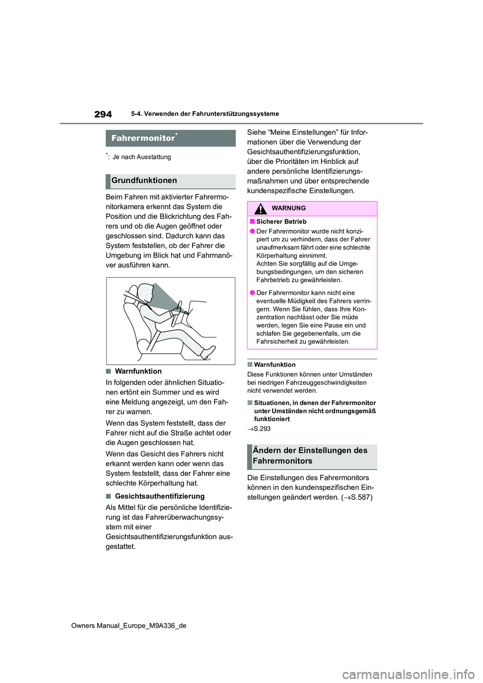 TOYOTA BZ4X 2022 Betriebsanleitungen (in German) 294
Owners Manual_Europe_M9A336_de
5-4. Verwenden der Fahrunterstützungssysteme
*: Je nach Ausstattung
Beim Fahren mit aktivierter Fahrermo-
nitorkamera erkennt das System die
Position und die Blic TOYOTA BZ4X 2022 Betriebsanleitungen (in German) 294
Owners Manual_Europe_M9A336_de
5-4. Verwenden der Fahrunterstützungssysteme
*: Je nach Ausstattung
Beim Fahren mit aktivierter Fahrermo-
nitorkamera erkennt das System die
Position und die Blic
