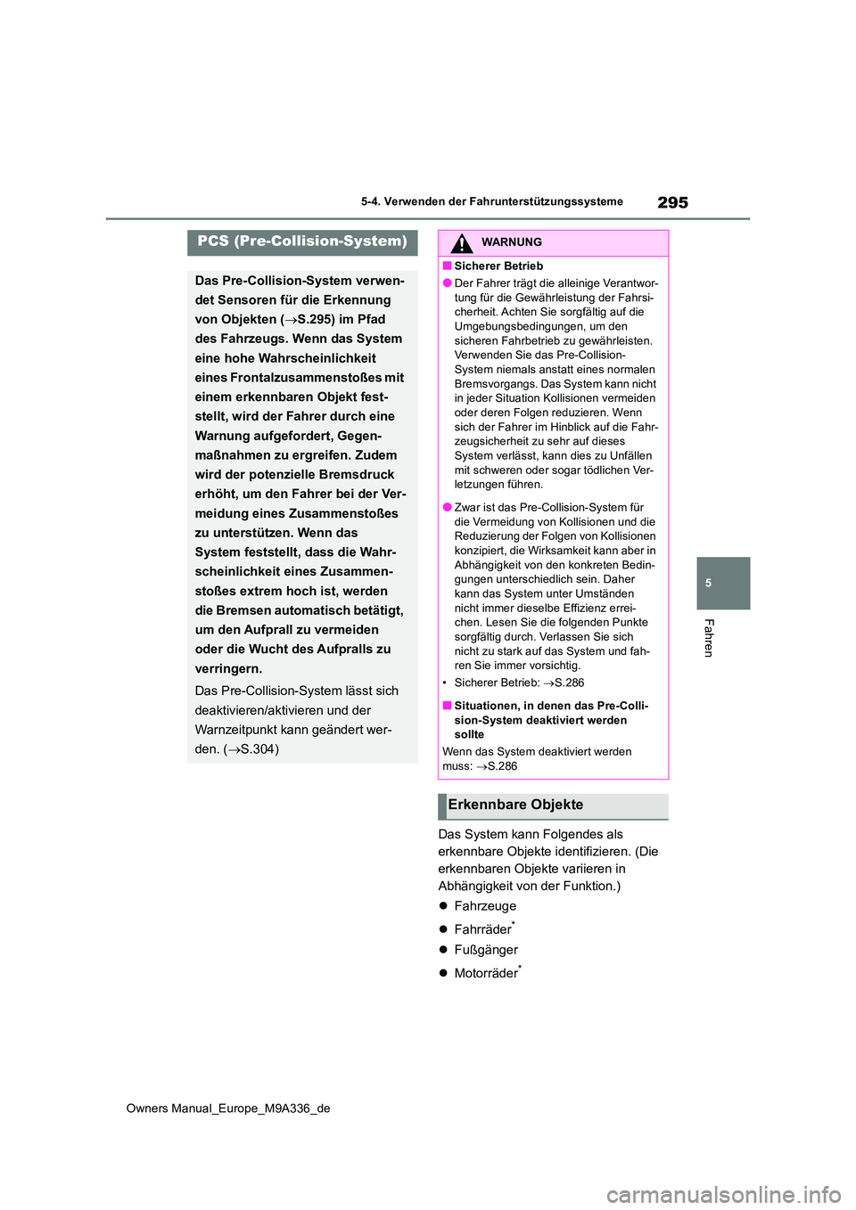 TOYOTA BZ4X 2022 Betriebsanleitungen (in German) 295
5
Owners Manual_Europe_M9A336_de
5-4. Verwenden der Fahrunterstützungssysteme
Fahren
Das System kann Folgendes als
erkennbare Objekte identifizieren. (Die
erkennbaren Objekte variieren in
Abh TOYOTA BZ4X 2022 Betriebsanleitungen (in German) 295
5
Owners Manual_Europe_M9A336_de
5-4. Verwenden der Fahrunterstützungssysteme
Fahren
Das System kann Folgendes als
erkennbare Objekte identifizieren. (Die
erkennbaren Objekte variieren in
Abh