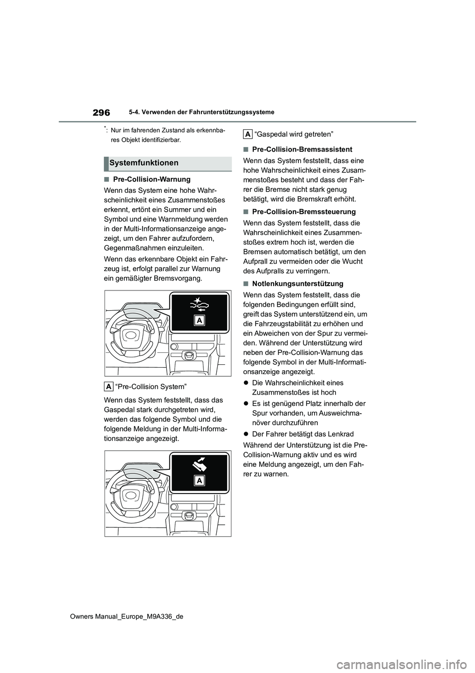 TOYOTA BZ4X 2022 Betriebsanleitungen (in German) 296
Owners Manual_Europe_M9A336_de
5-4. Verwenden der Fahrunterstützungssysteme
*: Nur im fahrenden Zustand als erkennba-
res Objekt identifizierbar.
■Pre-Collision-Warnung
Wenn das System eine h TOYOTA BZ4X 2022 Betriebsanleitungen (in German) 296
Owners Manual_Europe_M9A336_de
5-4. Verwenden der Fahrunterstützungssysteme
*: Nur im fahrenden Zustand als erkennba-
res Objekt identifizierbar.
■Pre-Collision-Warnung
Wenn das System eine h