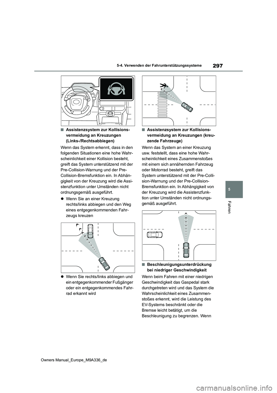 TOYOTA BZ4X 2022 Betriebsanleitungen (in German) 297
5
Owners Manual_Europe_M9A336_de
5-4. Verwenden der Fahrunterstützungssysteme
Fahren
■Assistenzsystem zur Kollisions-
vermeidung an Kreuzungen
(Links-/Rechtsabbiegen)
Wenn das System erkennt TOYOTA BZ4X 2022 Betriebsanleitungen (in German) 297
5
Owners Manual_Europe_M9A336_de
5-4. Verwenden der Fahrunterstützungssysteme
Fahren
■Assistenzsystem zur Kollisions-
vermeidung an Kreuzungen
(Links-/Rechtsabbiegen)
Wenn das System erkennt