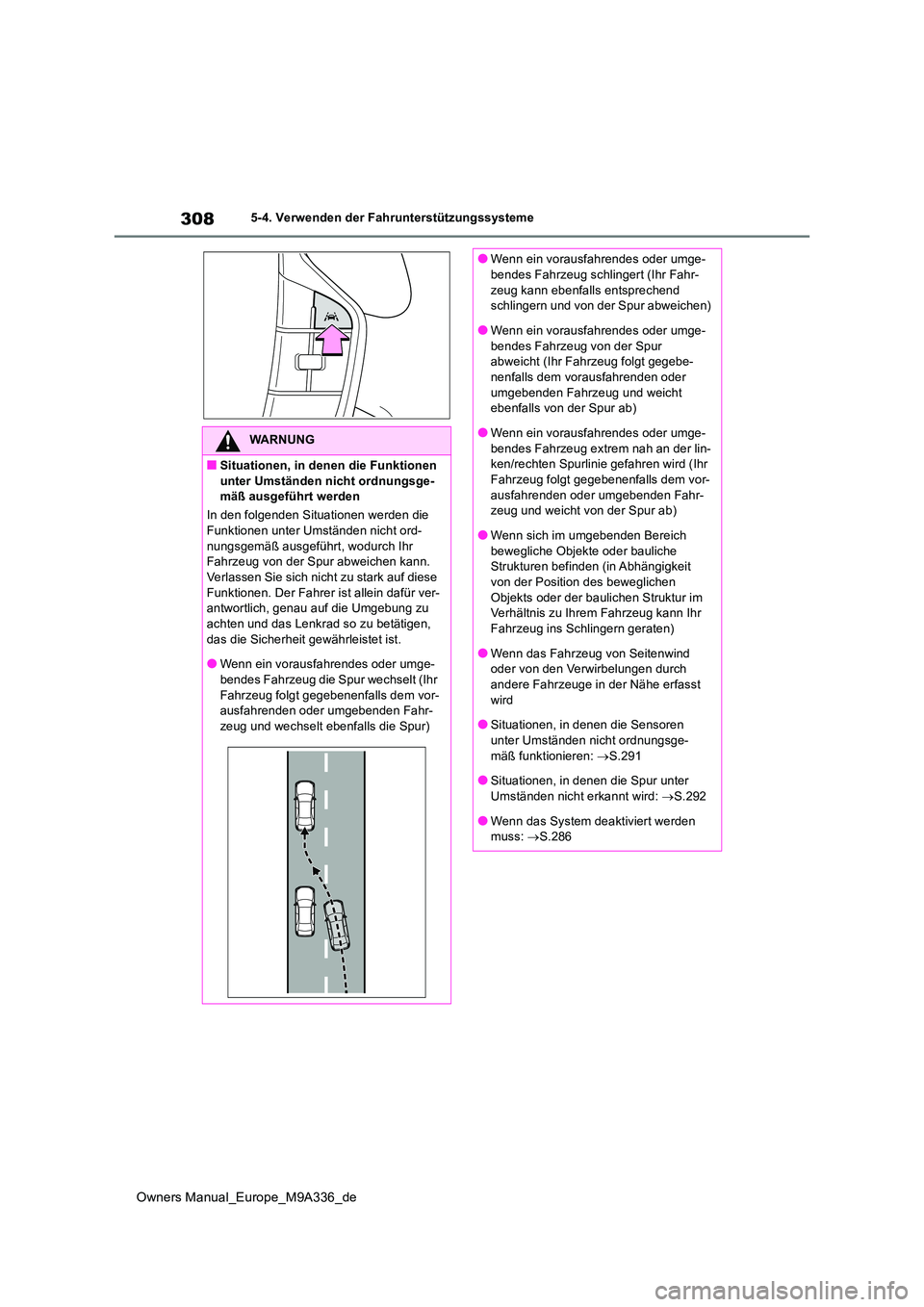 TOYOTA BZ4X 2022 Betriebsanleitungen (in German) 308
Owners Manual_Europe_M9A336_de
5-4. Verwenden der Fahrunterstützungssysteme
WARNUNG
■Situationen, in denen die Funktionen
unter Umständen nicht ordnungsge- mäß ausgeführt werden
In den f TOYOTA BZ4X 2022 Betriebsanleitungen (in German) 308
Owners Manual_Europe_M9A336_de
5-4. Verwenden der Fahrunterstützungssysteme
WARNUNG
■Situationen, in denen die Funktionen
unter Umständen nicht ordnungsge- mäß ausgeführt werden
In den f