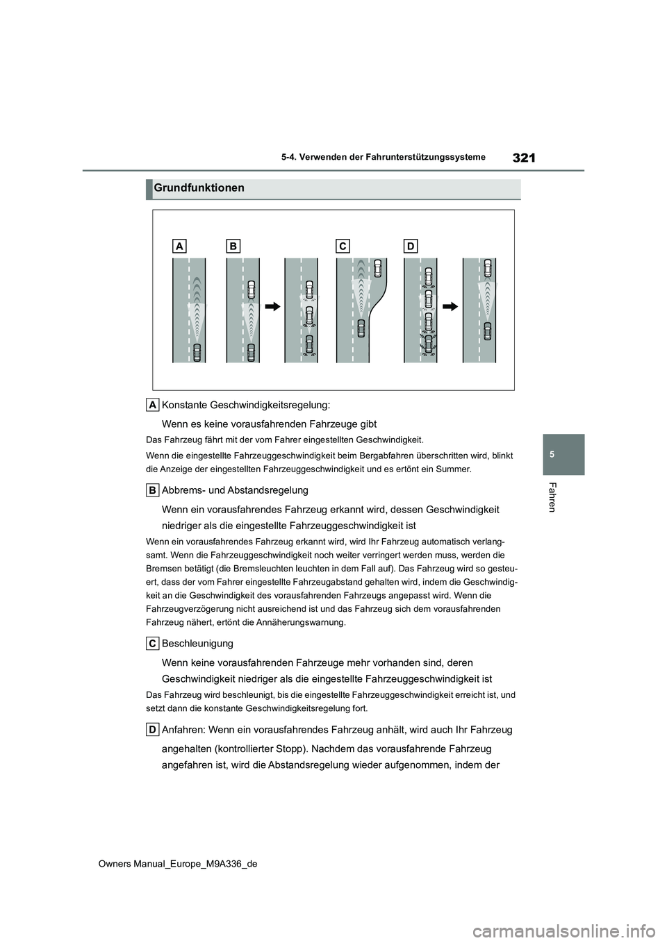 TOYOTA BZ4X 2022 Betriebsanleitungen (in German) 321
5
Owners Manual_Europe_M9A336_de
5-4. Verwenden der Fahrunterstützungssysteme
Fahren
Konstante Geschwindigkeitsregelung:
Wenn es keine vorausfahrenden Fahrzeuge gibt
Das Fahrzeug fährt mit der TOYOTA BZ4X 2022 Betriebsanleitungen (in German) 321
5
Owners Manual_Europe_M9A336_de
5-4. Verwenden der Fahrunterstützungssysteme
Fahren
Konstante Geschwindigkeitsregelung:
Wenn es keine vorausfahrenden Fahrzeuge gibt
Das Fahrzeug fährt mit der