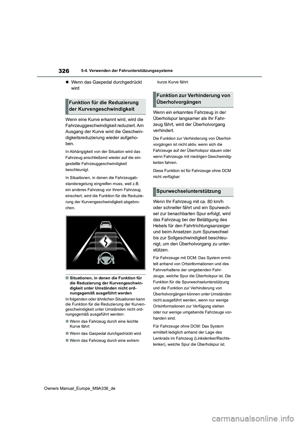 TOYOTA BZ4X 2022 Betriebsanleitungen (in German) 326
Owners Manual_Europe_M9A336_de
5-4. Verwenden der Fahrunterstützungssysteme
Wenn das Gaspedal durchgedrückt
wird
Wenn eine Kurve erkannt wird, wird die
Fahrzeuggeschwindigkeit reduziert. TOYOTA BZ4X 2022 Betriebsanleitungen (in German) 326
Owners Manual_Europe_M9A336_de
5-4. Verwenden der Fahrunterstützungssysteme
Wenn das Gaspedal durchgedrückt
wird
Wenn eine Kurve erkannt wird, wird die
Fahrzeuggeschwindigkeit reduziert.