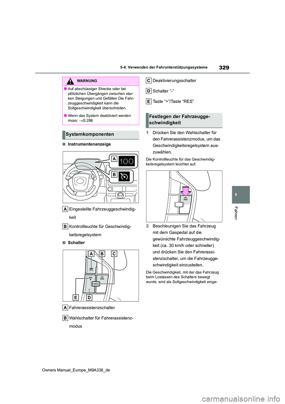 TOYOTA BZ4X 2022 Betriebsanleitungen (in German) 329
5
Owners Manual_Europe_M9A336_de
5-4. Verwenden der Fahrunterstützungssysteme
Fahren
■Instrumentenanzeige
Eingestellte Fahrzeuggeschwindig-
keit
Kontrollleuchte für Geschwindig-
keitsregel TOYOTA BZ4X 2022 Betriebsanleitungen (in German) 329
5
Owners Manual_Europe_M9A336_de
5-4. Verwenden der Fahrunterstützungssysteme
Fahren
■Instrumentenanzeige
Eingestellte Fahrzeuggeschwindig-
keit
Kontrollleuchte für Geschwindig-
keitsregel