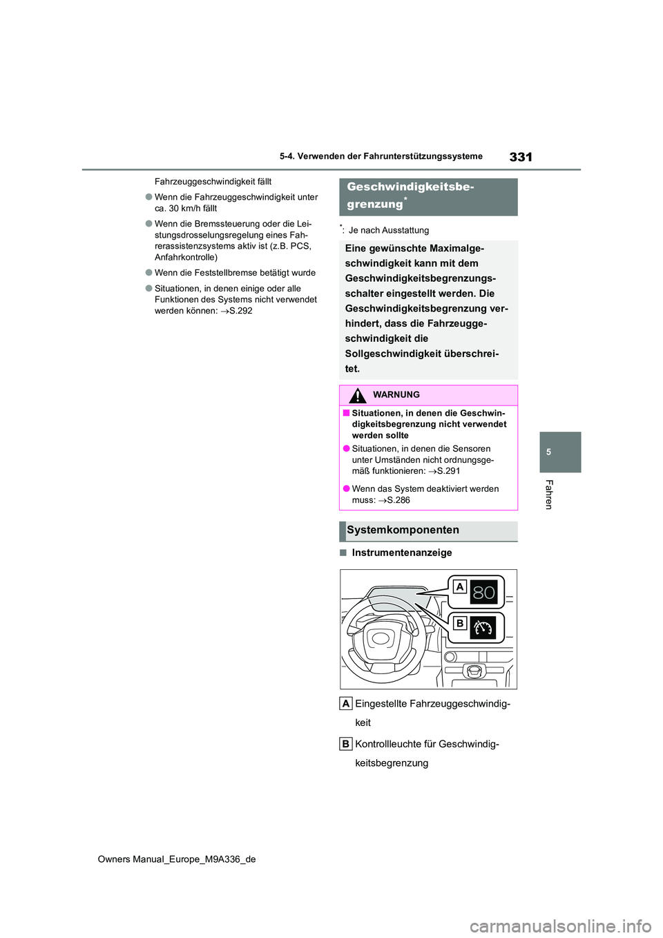 TOYOTA BZ4X 2022 Betriebsanleitungen (in German) 331
5
Owners Manual_Europe_M9A336_de
5-4. Verwenden der Fahrunterstützungssysteme
Fahren
Fahrzeuggeschwindigkeit fällt
●Wenn die Fahrzeuggeschwindigkeit unter
ca. 30 km/h fällt
●Wenn die Brem TOYOTA BZ4X 2022 Betriebsanleitungen (in German) 331
5
Owners Manual_Europe_M9A336_de
5-4. Verwenden der Fahrunterstützungssysteme
Fahren
Fahrzeuggeschwindigkeit fällt
●Wenn die Fahrzeuggeschwindigkeit unter
ca. 30 km/h fällt
●Wenn die Brem