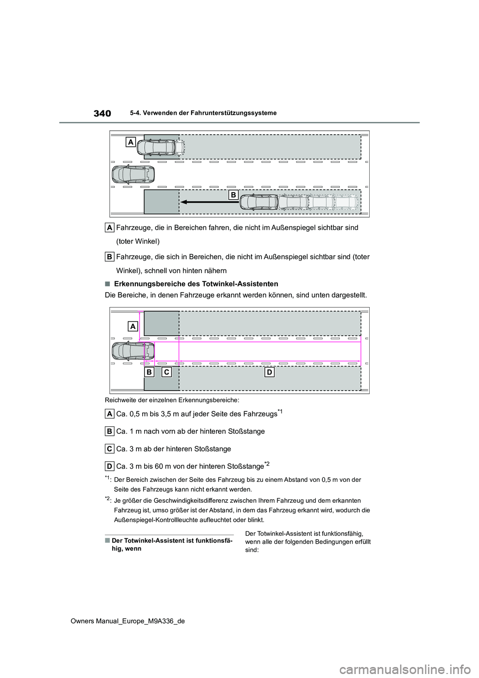 TOYOTA BZ4X 2022 Betriebsanleitungen (in German) 340
Owners Manual_Europe_M9A336_de
5-4. Verwenden der Fahrunterstützungssysteme
Fahrzeuge, die in Bereichen fahren, die nicht im Außenspiegel sichtbar sind
(toter Winkel)
Fahrzeuge, die sich in B TOYOTA BZ4X 2022 Betriebsanleitungen (in German) 340
Owners Manual_Europe_M9A336_de
5-4. Verwenden der Fahrunterstützungssysteme
Fahrzeuge, die in Bereichen fahren, die nicht im Außenspiegel sichtbar sind
(toter Winkel)
Fahrzeuge, die sich in B