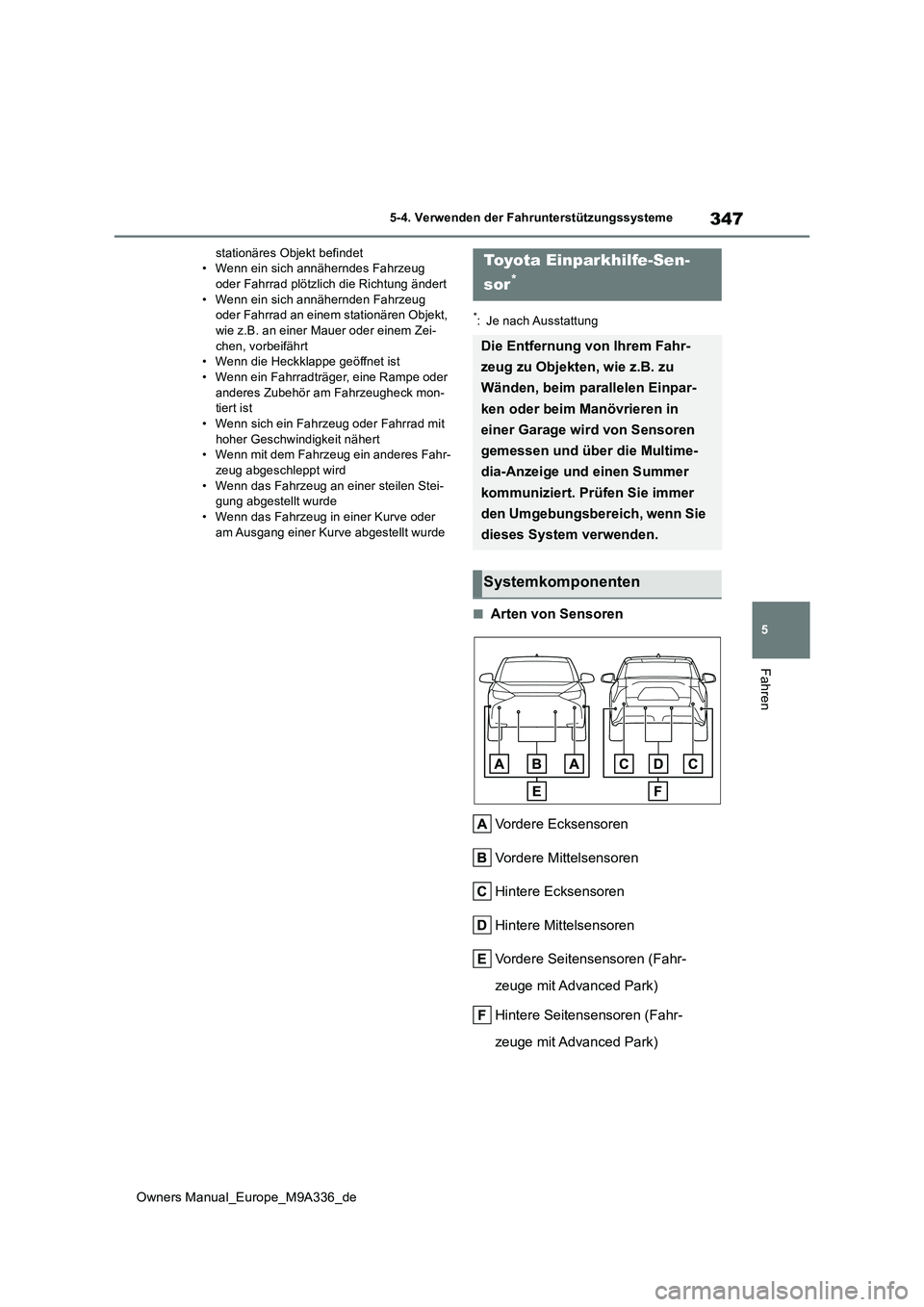 TOYOTA BZ4X 2022 Betriebsanleitungen (in German) 347
5
Owners Manual_Europe_M9A336_de
5-4. Verwenden der Fahrunterstützungssysteme
Fahren
stationäres Objekt befindet • Wenn ein sich annäherndes Fahrzeug oder Fahrrad plötzlic h die Richtung än TOYOTA BZ4X 2022 Betriebsanleitungen (in German) 347
5
Owners Manual_Europe_M9A336_de
5-4. Verwenden der Fahrunterstützungssysteme
Fahren
stationäres Objekt befindet • Wenn ein sich annäherndes Fahrzeug oder Fahrrad plötzlic h die Richtung än