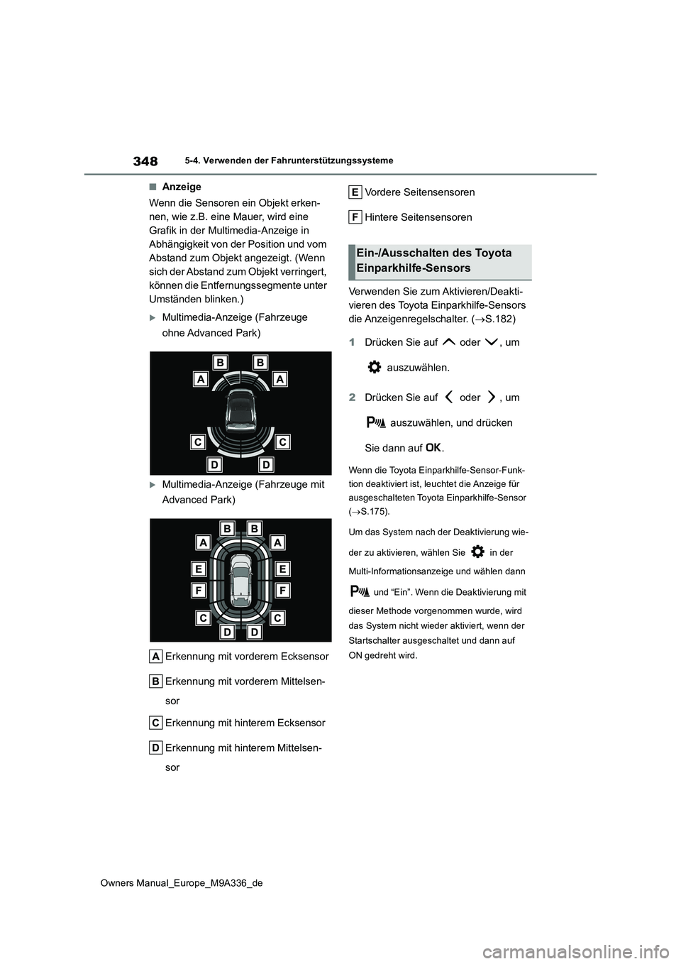 TOYOTA BZ4X 2022 Betriebsanleitungen (in German) 348
Owners Manual_Europe_M9A336_de
5-4. Verwenden der Fahrunterstützungssysteme
■Anzeige
Wenn die Sensoren ein Objekt erken-
nen, wie z.B. eine Mauer, wird eine
Grafik in der Multimedia-Anzeige TOYOTA BZ4X 2022 Betriebsanleitungen (in German) 348
Owners Manual_Europe_M9A336_de
5-4. Verwenden der Fahrunterstützungssysteme
■Anzeige
Wenn die Sensoren ein Objekt erken-
nen, wie z.B. eine Mauer, wird eine
Grafik in der Multimedia-Anzeige