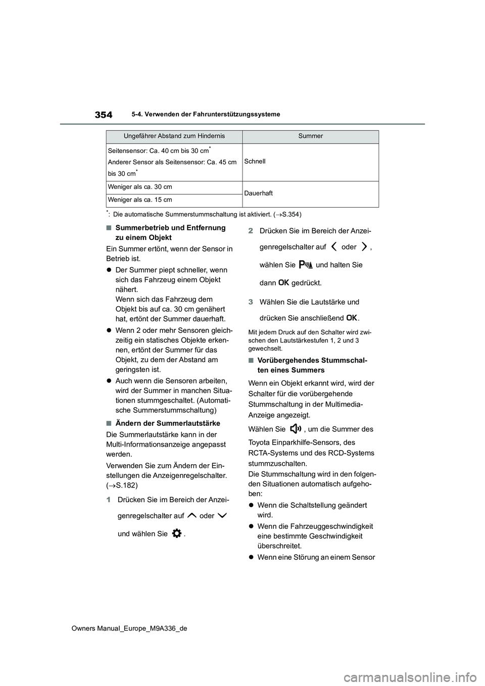 TOYOTA BZ4X 2022 Betriebsanleitungen (in German) 354
Owners Manual_Europe_M9A336_de
5-4. Verwenden der Fahrunterstützungssysteme
*: Die automatische Summerstummschaltung ist aktiviert. (S.354)
■Summerbetrieb und Entfernung
zu einem Objekt
E TOYOTA BZ4X 2022 Betriebsanleitungen (in German) 354
Owners Manual_Europe_M9A336_de
5-4. Verwenden der Fahrunterstützungssysteme
*: Die automatische Summerstummschaltung ist aktiviert. (S.354)
■Summerbetrieb und Entfernung
zu einem Objekt
E