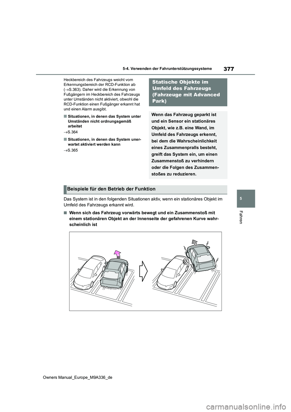 TOYOTA BZ4X 2022 Betriebsanleitungen (in German) 377
5
Owners Manual_Europe_M9A336_de
5-4. Verwenden der Fahrunterstützungssysteme
Fahren
Heckbereich des Fahrzeugs weicht vom Erkennungsbereich der RCD-Funktion ab ( S.363). Daher wird die Erkenn TOYOTA BZ4X 2022 Betriebsanleitungen (in German) 377
5
Owners Manual_Europe_M9A336_de
5-4. Verwenden der Fahrunterstützungssysteme
Fahren
Heckbereich des Fahrzeugs weicht vom Erkennungsbereich der RCD-Funktion ab ( S.363). Daher wird die Erkenn