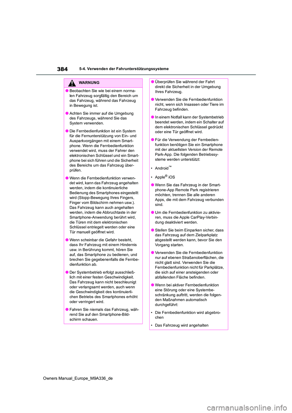 TOYOTA BZ4X 2022  Betriebsanleitungen (in German) 384
Owners Manual_Europe_M9A336_de
5-4. Verwenden der Fahrunterstützungssysteme
WARNUNG
●Beobachten Sie wie bei einem norma- 
len Fahrzeug sorgfältig den Bereich um  das Fahrzeug, währ end das Fa