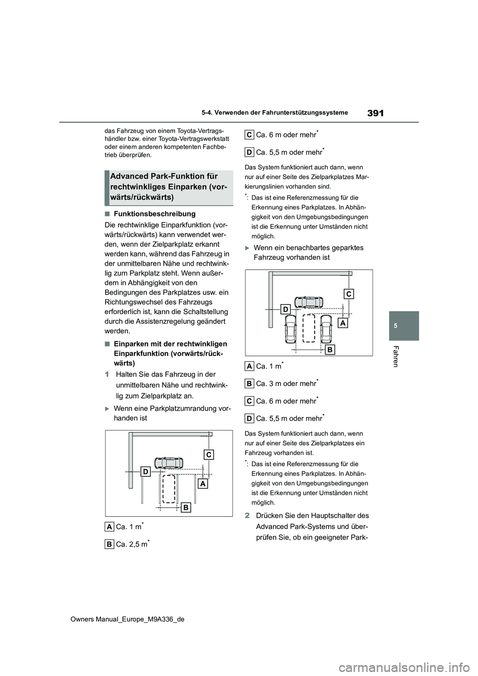 TOYOTA BZ4X 2022  Betriebsanleitungen (in German) 391
5
Owners Manual_Europe_M9A336_de
5-4. Verwenden der Fahrunterstützungssysteme
Fahren
das Fahrzeug von einem Toyota-Vertrags- händler bzw. einer Toyota-Vertragswerkstatt oder einem anderen kompet