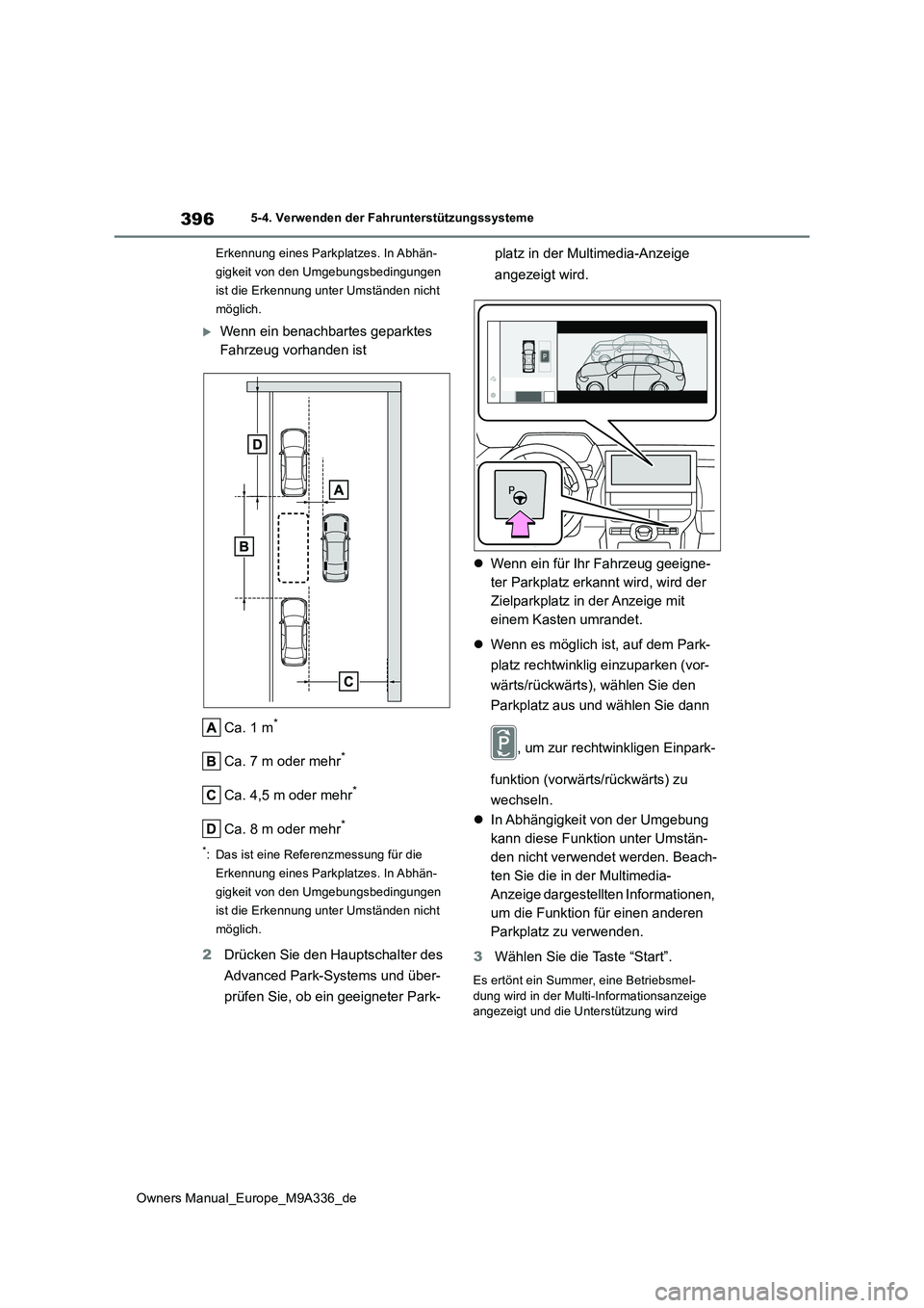 TOYOTA BZ4X 2022  Betriebsanleitungen (in German) 396
Owners Manual_Europe_M9A336_de
5-4. Verwenden der Fahrunterstützungssysteme 
Erkennung eines Parkplatzes. In Abhän- 
gigkeit von den Umgebungsbedingungen 
ist die Erkennung unter Umständen nich