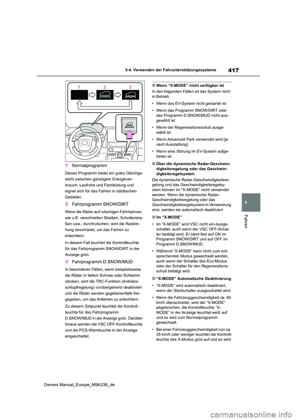 TOYOTA BZ4X 2022 Betriebsanleitungen (in German) 417
5
Owners Manual_Europe_M9A336_de
5-4. Verwenden der Fahrunterstützungssysteme
Fahren
1Normalprogramm
Dieses Programm bietet ein gutes Gleichge-
wicht zwischen günstigem Energiever-
brauch, Lauf TOYOTA BZ4X 2022 Betriebsanleitungen (in German) 417
5
Owners Manual_Europe_M9A336_de
5-4. Verwenden der Fahrunterstützungssysteme
Fahren
1Normalprogramm
Dieses Programm bietet ein gutes Gleichge-
wicht zwischen günstigem Energiever-
brauch, Lauf