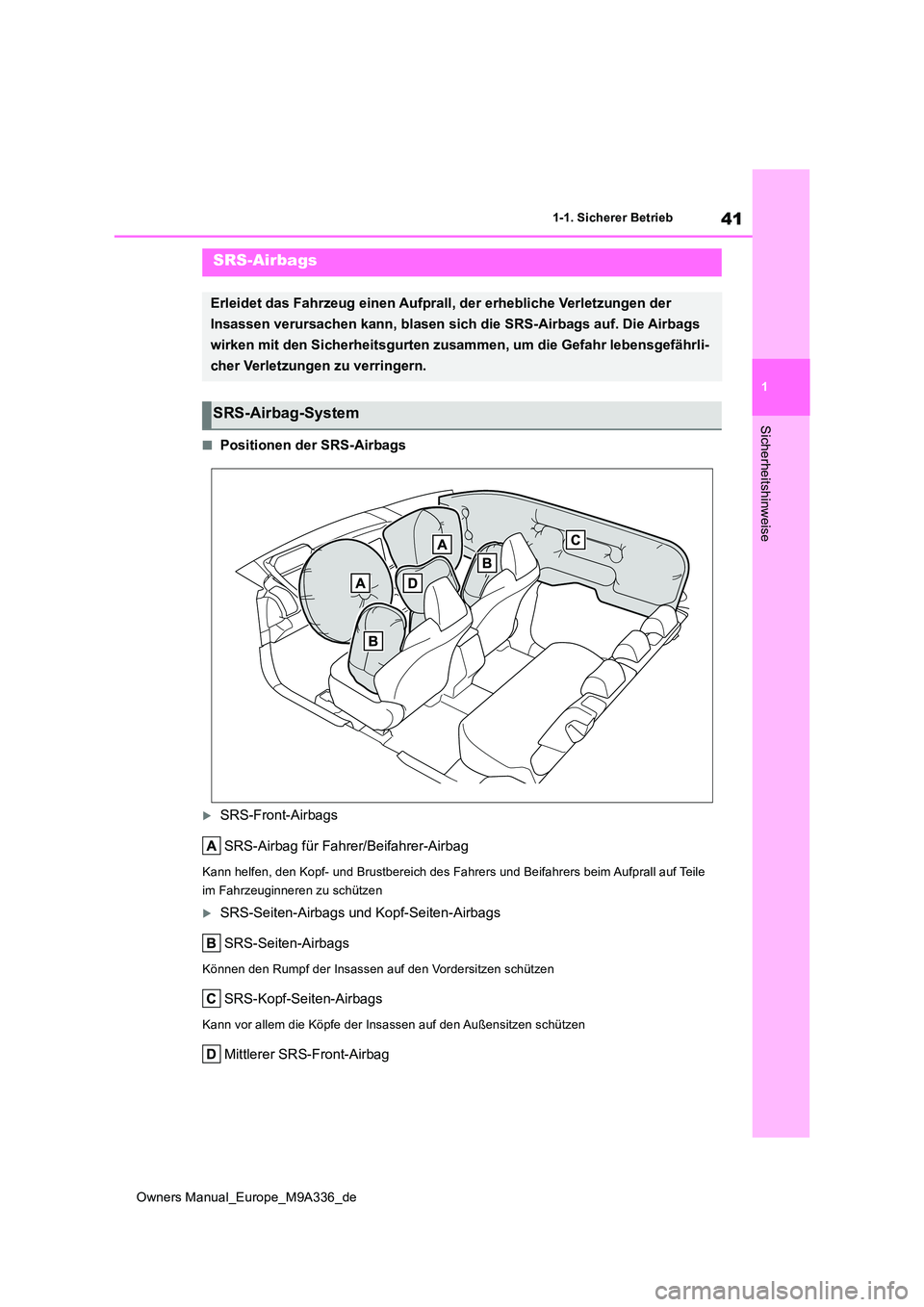 TOYOTA BZ4X 2022  Betriebsanleitungen (in German) 41
1
Owners Manual_Europe_M9A336_de
1-1. Sicherer Betrieb
Sicherheitshinweise
■Positionen der SRS-Airbags
SRS-Front-Airbags 
SRS-Airbag für Fahrer/Beifahrer-Airbag
Kann helfen, den Kopf- und Bru