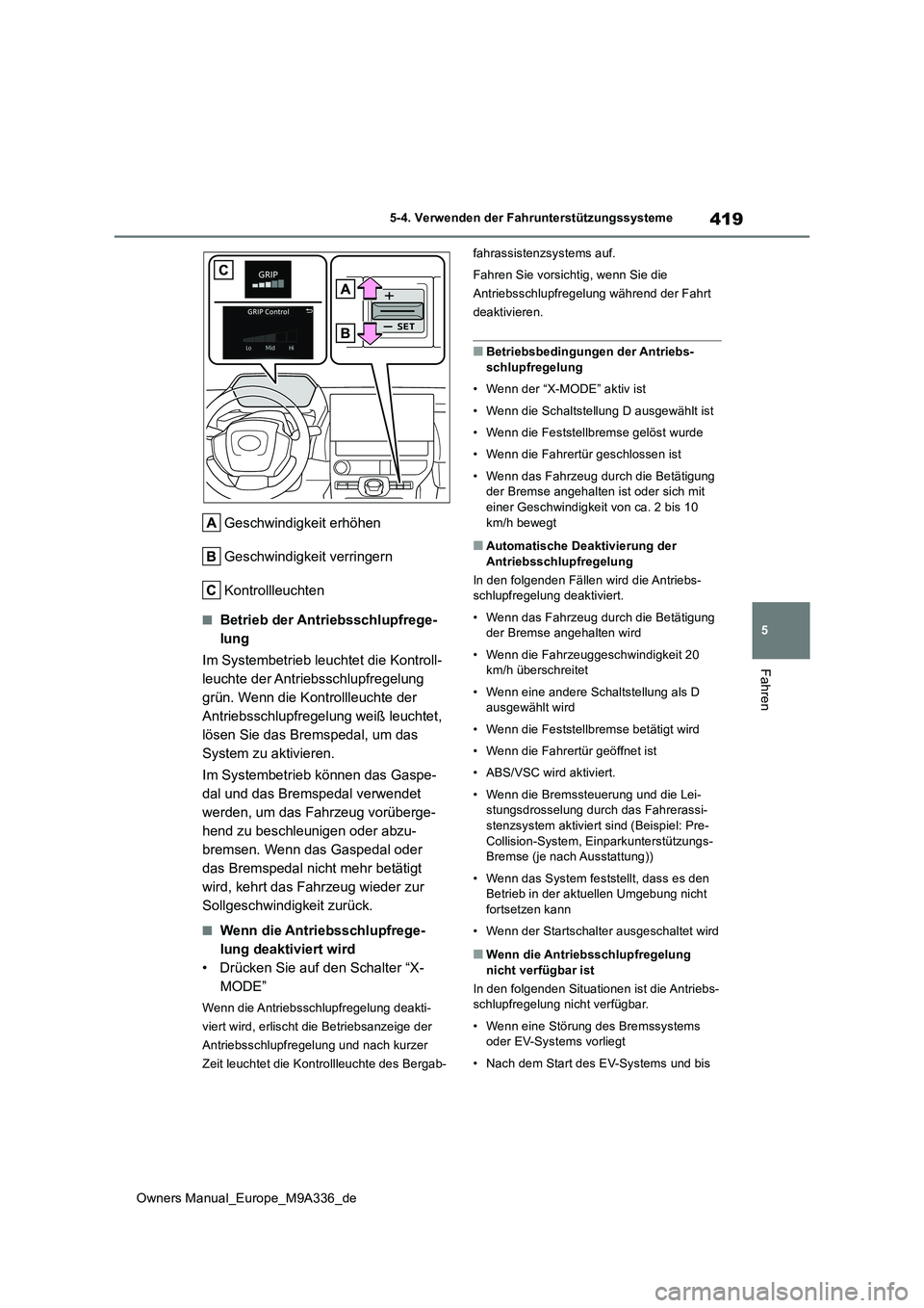 TOYOTA BZ4X 2022 Betriebsanleitungen (in German) 419
5
Owners Manual_Europe_M9A336_de
5-4. Verwenden der Fahrunterstützungssysteme
Fahren
Geschwindigkeit erhöhen
Geschwindigkeit verringern
Kontrollleuchten
■Betrieb der Antriebsschlupfrege-
lun TOYOTA BZ4X 2022 Betriebsanleitungen (in German) 419
5
Owners Manual_Europe_M9A336_de
5-4. Verwenden der Fahrunterstützungssysteme
Fahren
Geschwindigkeit erhöhen
Geschwindigkeit verringern
Kontrollleuchten
■Betrieb der Antriebsschlupfrege-
lun
