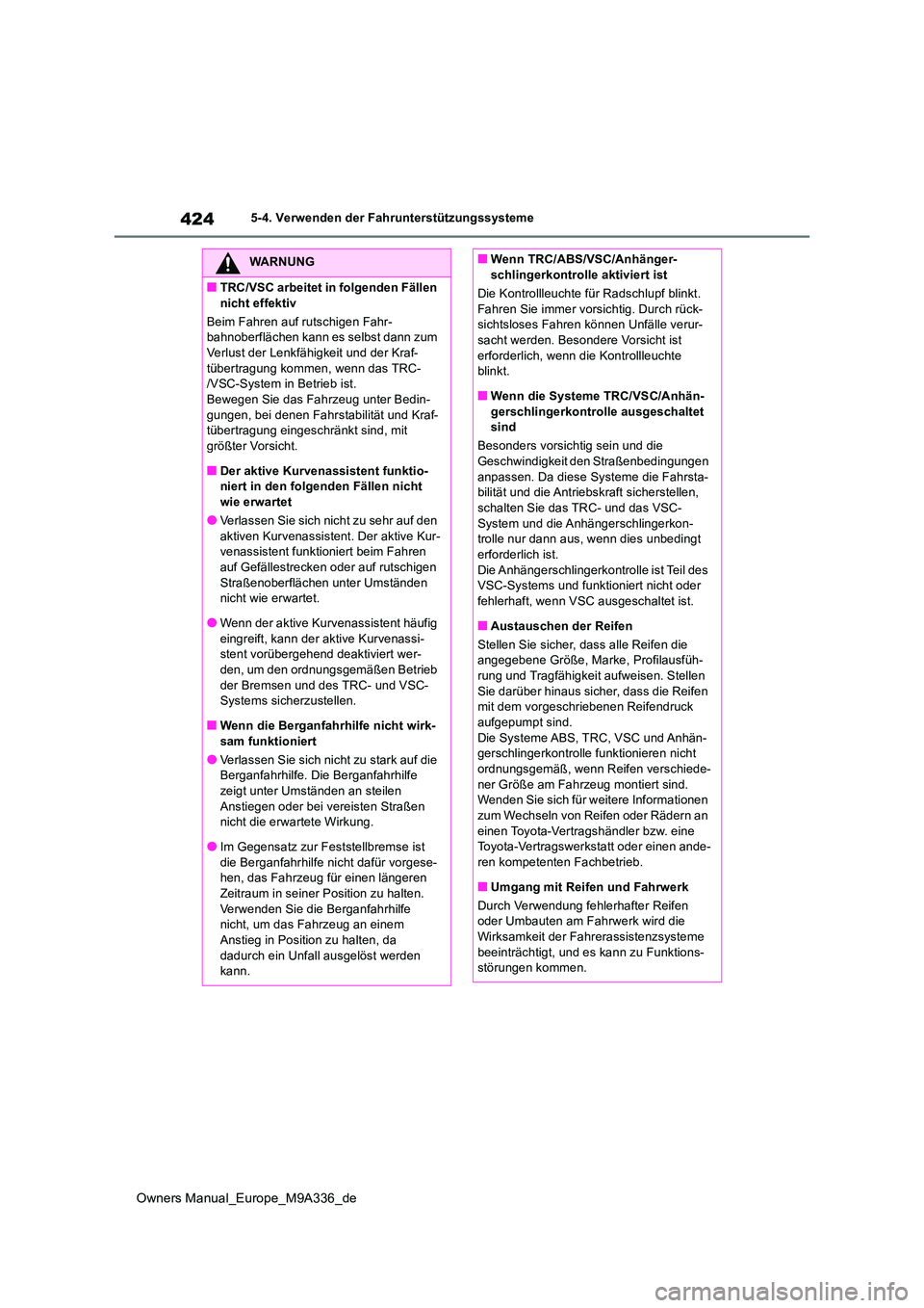 TOYOTA BZ4X 2022 Betriebsanleitungen (in German) 424
Owners Manual_Europe_M9A336_de
5-4. Verwenden der Fahrunterstützungssysteme
WARNUNG
■TRC/VSC arbeitet in folgenden Fällen
nicht effektiv
Beim Fahren auf rutschigen Fahr- bahnoberflächen ka TOYOTA BZ4X 2022 Betriebsanleitungen (in German) 424
Owners Manual_Europe_M9A336_de
5-4. Verwenden der Fahrunterstützungssysteme
WARNUNG
■TRC/VSC arbeitet in folgenden Fällen
nicht effektiv
Beim Fahren auf rutschigen Fahr- bahnoberflächen ka