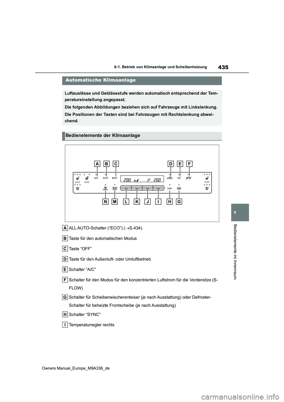 TOYOTA BZ4X 2022 Betriebsanleitungen (in German) 435
6
Owners Manual_Europe_M9A336_de
6-1. Betrieb von Klimaanlage und Scheibenheizung
Bedienelemente im Innenraum
ALL AUTO-Schalter (“ECO”) (S.434)
Taste für den automatischen Modus
Taste “ TOYOTA BZ4X 2022 Betriebsanleitungen (in German) 435
6
Owners Manual_Europe_M9A336_de
6-1. Betrieb von Klimaanlage und Scheibenheizung
Bedienelemente im Innenraum
ALL AUTO-Schalter (“ECO”) (S.434)
Taste für den automatischen Modus
Taste “