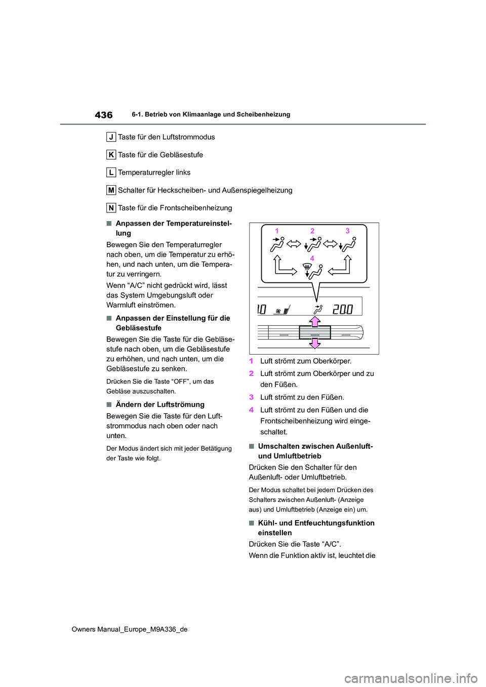 TOYOTA BZ4X 2022 Betriebsanleitungen (in German) 436
Owners Manual_Europe_M9A336_de
6-1. Betrieb von Klimaanlage und Scheibenheizung
Taste für den Luftstrommodus
Taste für die Gebläsestufe
Temperaturregler links
Schalter für Heckscheiben- und A TOYOTA BZ4X 2022 Betriebsanleitungen (in German) 436
Owners Manual_Europe_M9A336_de
6-1. Betrieb von Klimaanlage und Scheibenheizung
Taste für den Luftstrommodus
Taste für die Gebläsestufe
Temperaturregler links
Schalter für Heckscheiben- und A