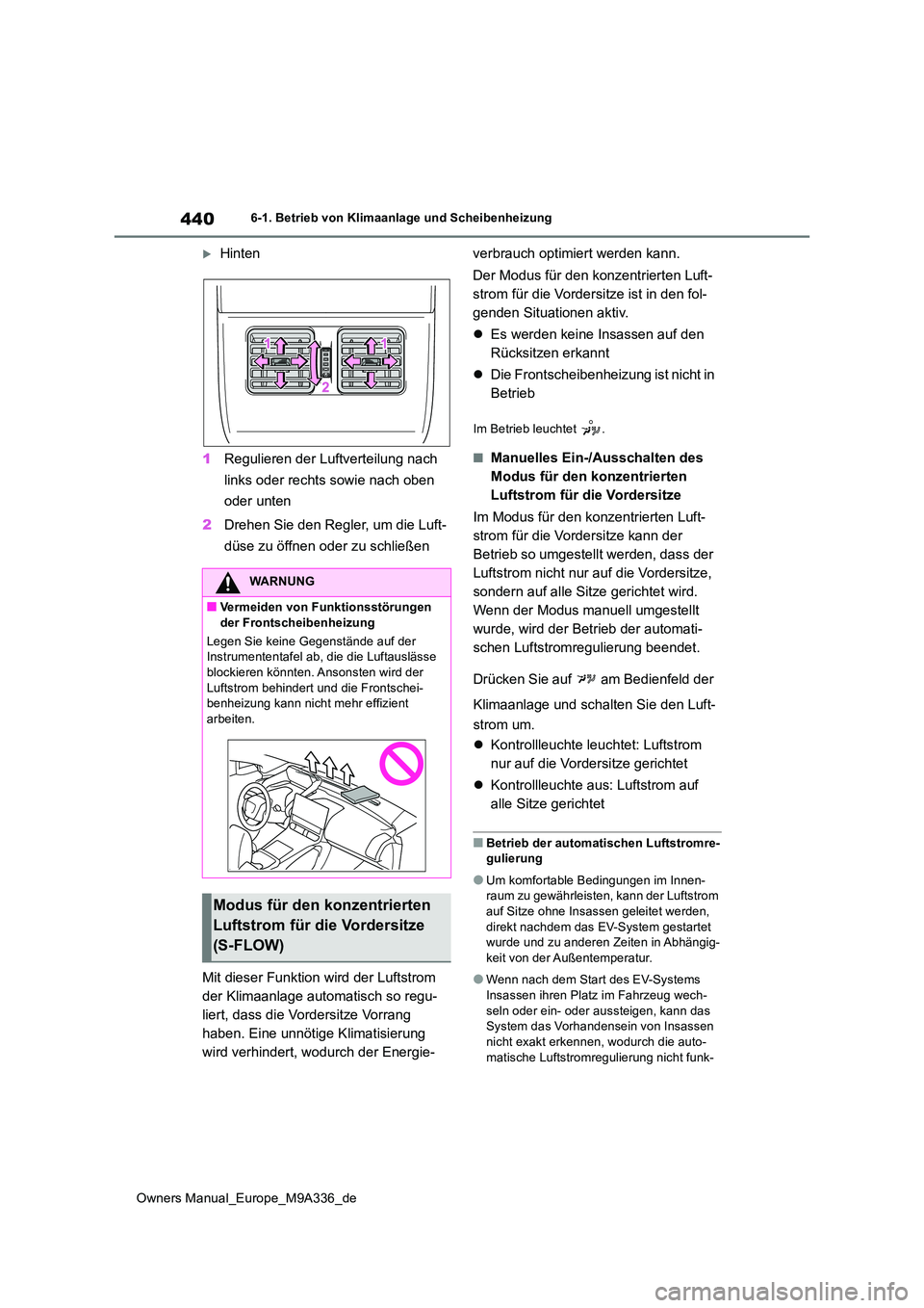 TOYOTA BZ4X 2022  Betriebsanleitungen (in German) 440
Owners Manual_Europe_M9A336_de
6-1. Betrieb von Klimaanlage und Scheibenheizung
Hinten 
1 Regulieren der Luftverteilung nach  
links oder rechts sowie nach oben  
oder unten 
2 Drehen Sie den R