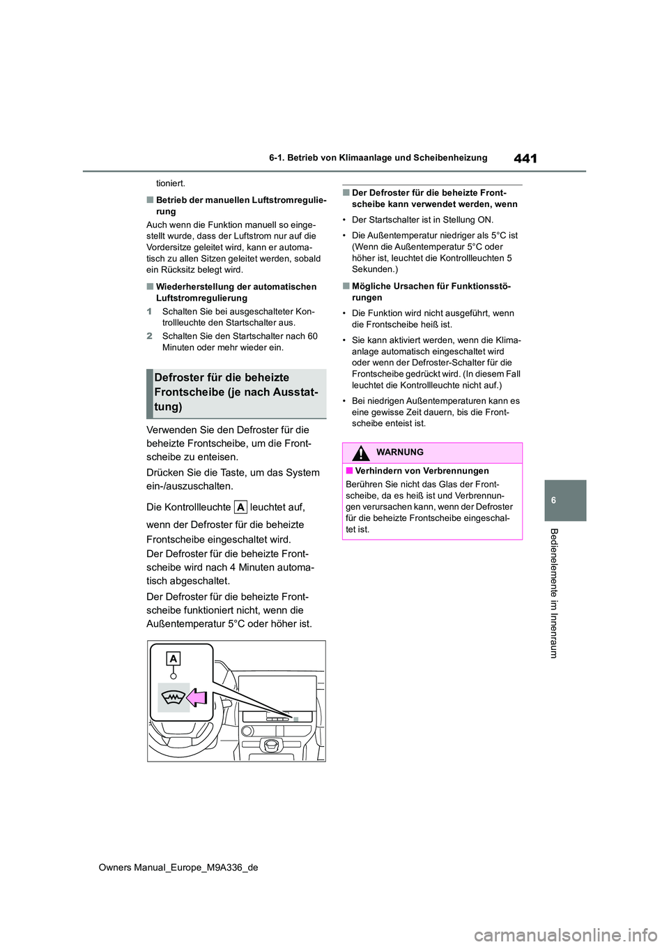 TOYOTA BZ4X 2022  Betriebsanleitungen (in German) 441
6
Owners Manual_Europe_M9A336_de
6-1. Betrieb von Klimaanlage und Scheibenheizung
Bedienelemente im Innenraum
tioniert.
■Betrieb der manuellen Luftstromregulie- rung 
Auch wenn die Funktion manu