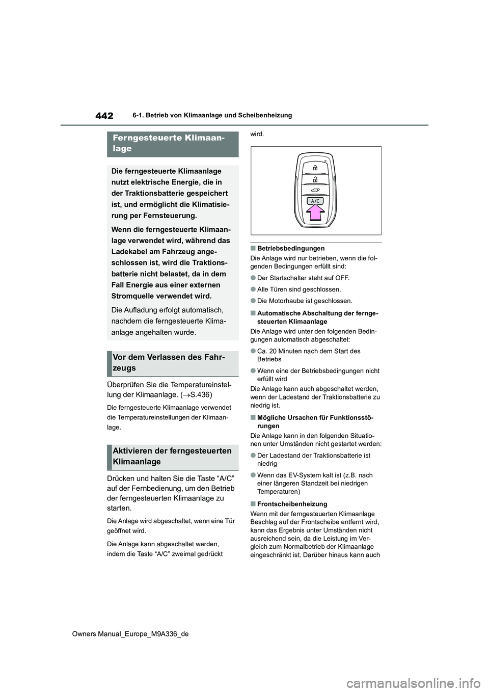 TOYOTA BZ4X 2022  Betriebsanleitungen (in German) 442
Owners Manual_Europe_M9A336_de
6-1. Betrieb von Klimaanlage und Scheibenheizung
Überprüfen Sie die Temperatureinstel- 
lung der Klimaanlage. ( S.436)
Die ferngesteuerte Klimaanlage verwendet 