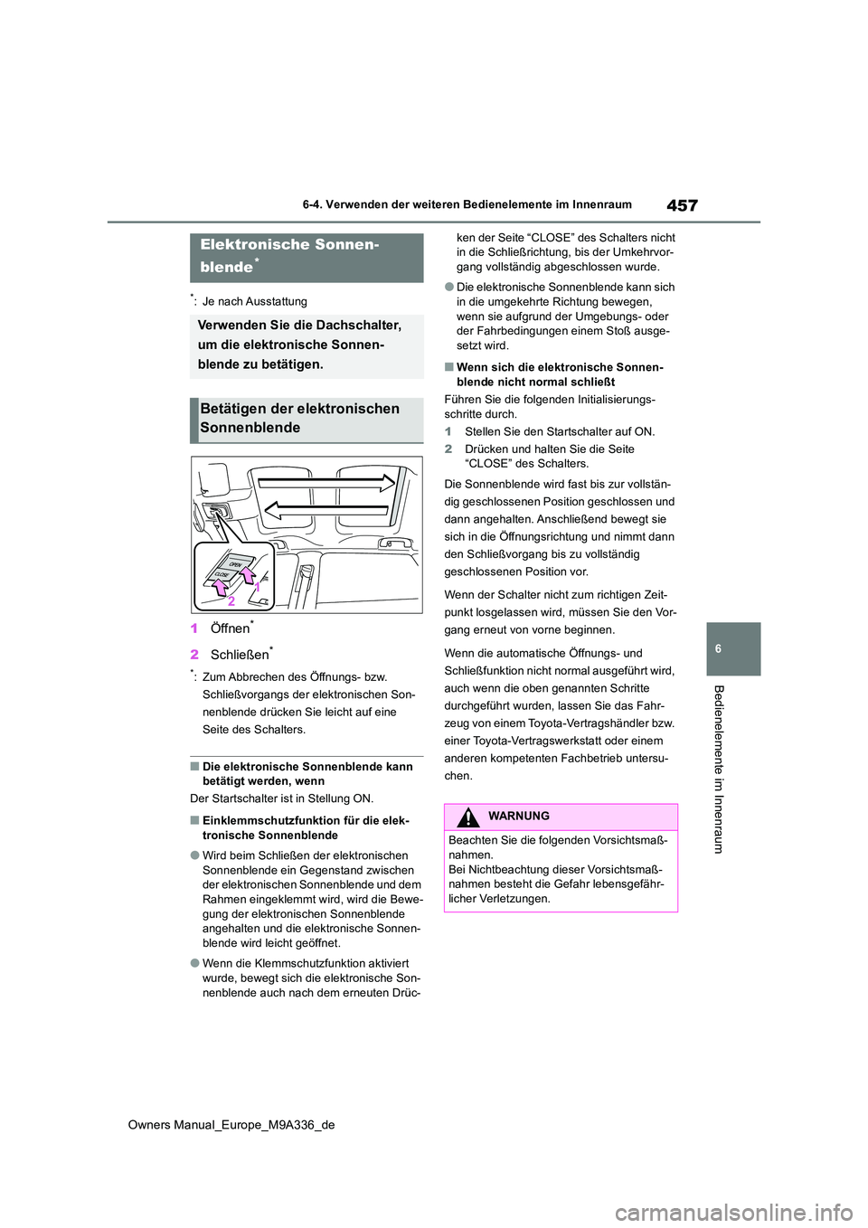 TOYOTA BZ4X 2022 Betriebsanleitungen (in German) 457
6
Owners Manual_Europe_M9A336_de
6-4. Verwenden der weiteren Bedienelemente im Innenraum
Bedienelemente im Innenraum
6-4.Verwende n d er weite ren Bed ie nelemente im Inn enraum
*: Je nach Aussta TOYOTA BZ4X 2022 Betriebsanleitungen (in German) 457
6
Owners Manual_Europe_M9A336_de
6-4. Verwenden der weiteren Bedienelemente im Innenraum
Bedienelemente im Innenraum
6-4.Verwende n d er weite ren Bed ie nelemente im Inn enraum
*: Je nach Aussta