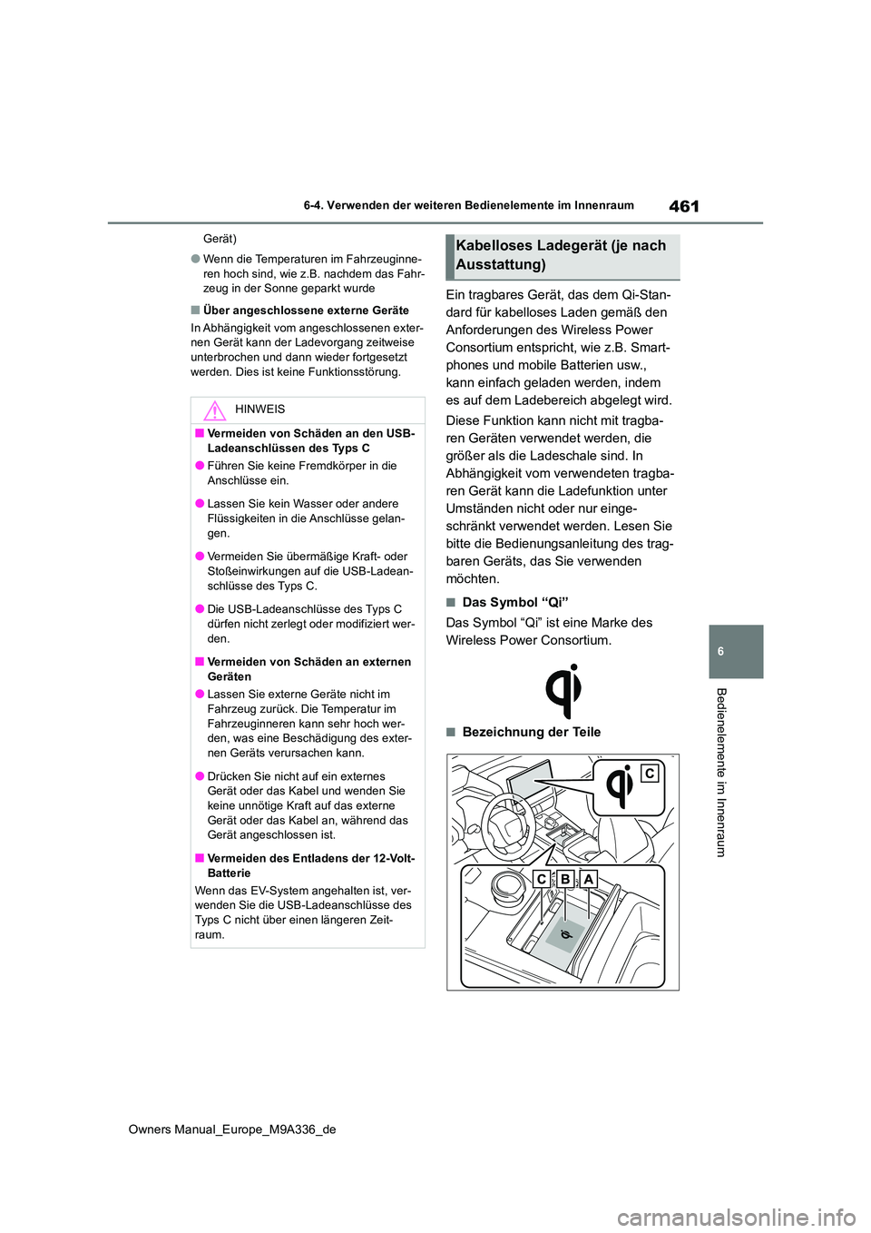 TOYOTA BZ4X 2022  Betriebsanleitungen (in German) 461
6
Owners Manual_Europe_M9A336_de
6-4. Verwenden der weiteren Bedienelemente im Innenraum
Bedienelemente im Innenraum
Gerät)
●Wenn die Temperaturen im Fahrzeuginne- 
ren hoch sind, wie z.B. nach