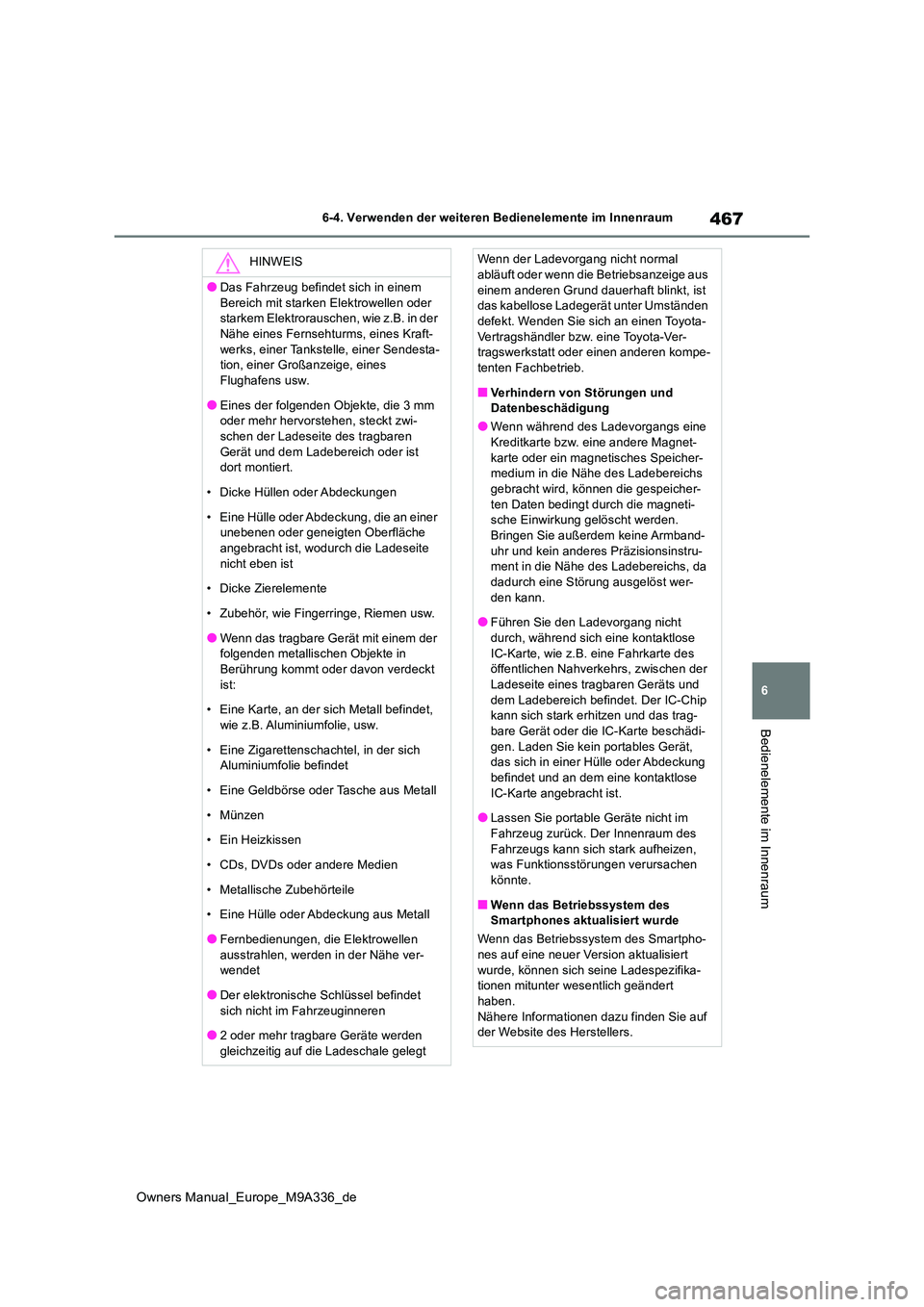 TOYOTA BZ4X 2022  Betriebsanleitungen (in German) 467
6
Owners Manual_Europe_M9A336_de
6-4. Verwenden der weiteren Bedienelemente im Innenraum
Bedienelemente im Innenraum
HINWEIS
●Das Fahrzeug befindet sich in einem  
Bereich mit starken Elektrowel