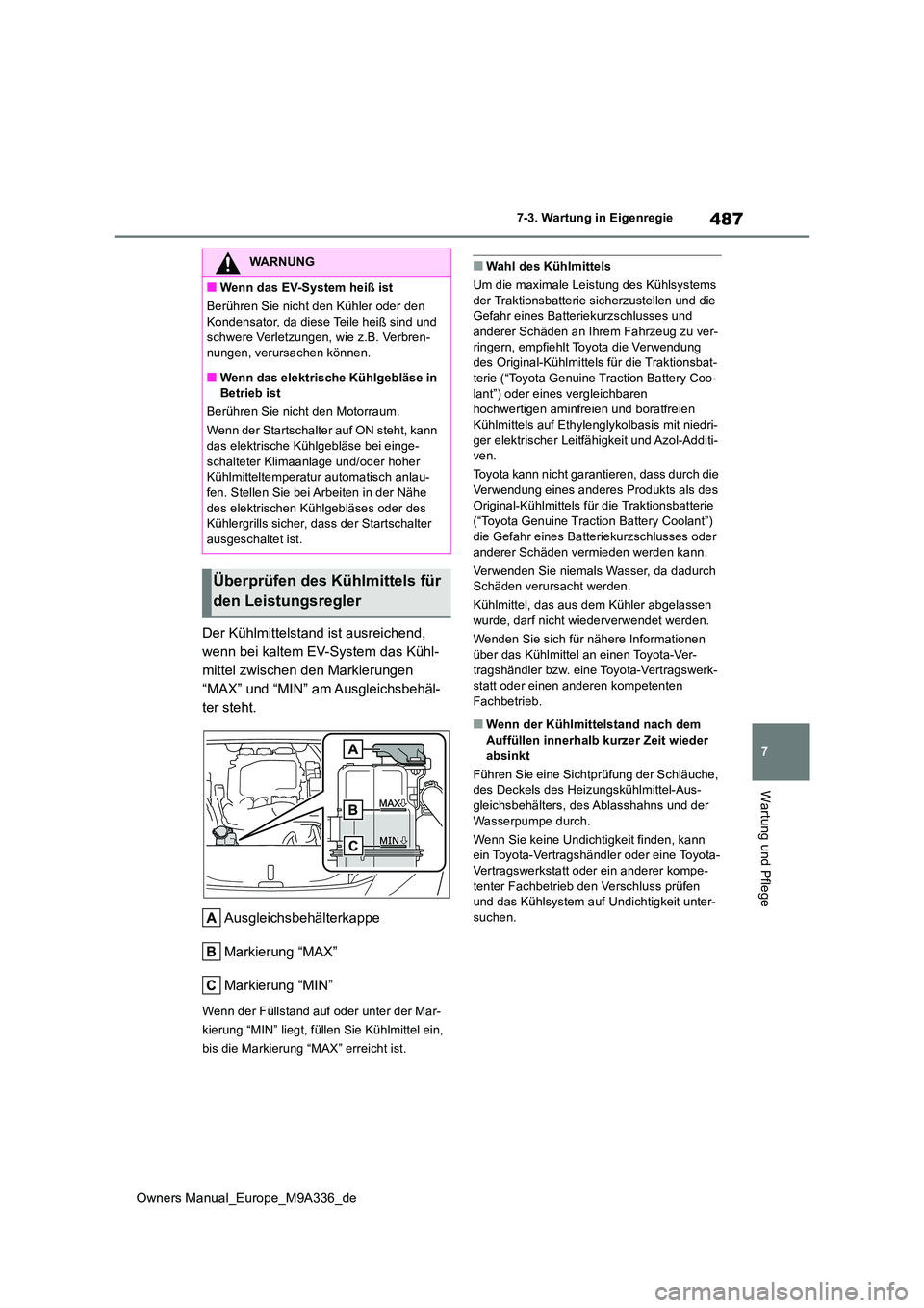 TOYOTA BZ4X 2022 Betriebsanleitungen (in German) 487
7
Owners Manual_Europe_M9A336_de
7-3. Wartung in Eigenregie
Wartung und Pflege
Der Kühlmittelstand ist ausreichend,
wenn bei kaltem EV-System das Kühl-
mittel zwischen den Markierungen
“MAX TOYOTA BZ4X 2022 Betriebsanleitungen (in German) 487
7
Owners Manual_Europe_M9A336_de
7-3. Wartung in Eigenregie
Wartung und Pflege
Der Kühlmittelstand ist ausreichend,
wenn bei kaltem EV-System das Kühl-
mittel zwischen den Markierungen
“MAX