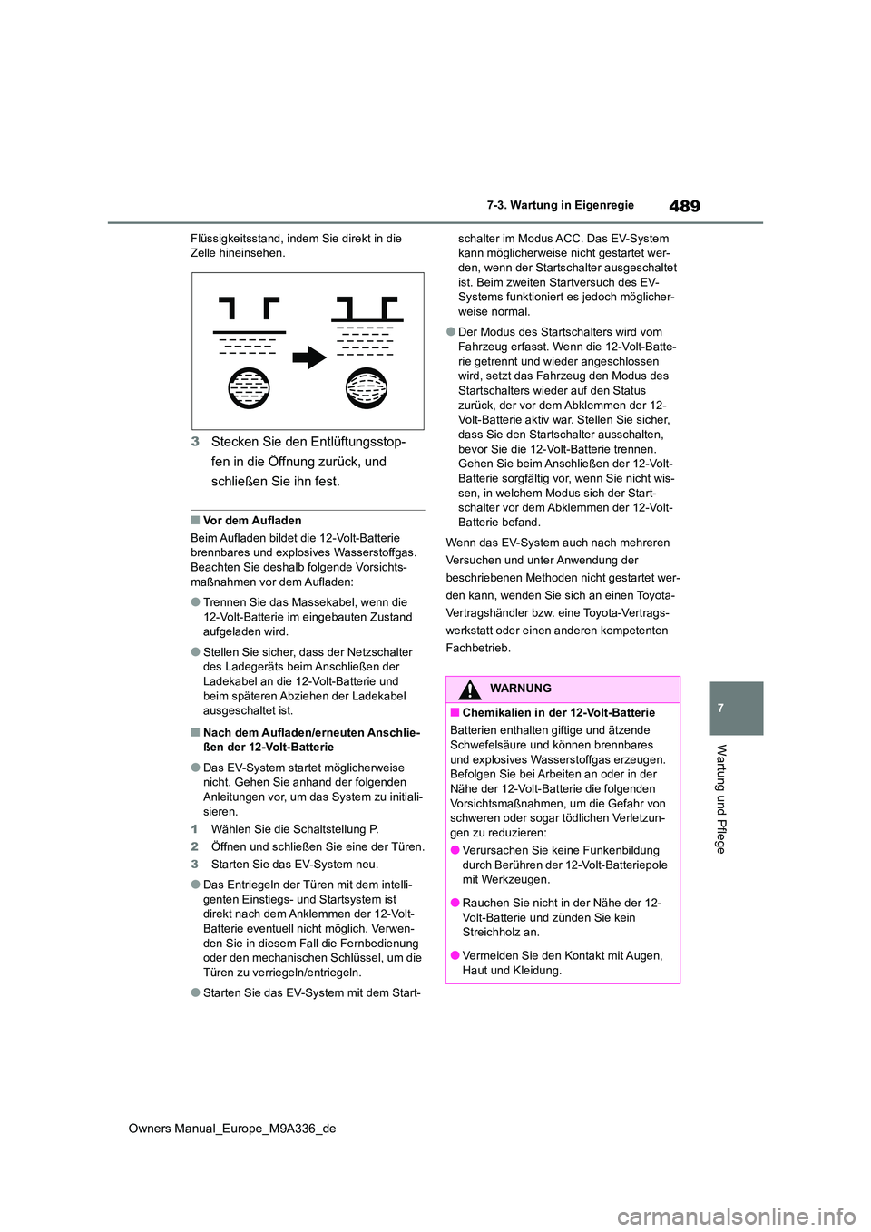 TOYOTA BZ4X 2022 Betriebsanleitungen (in German) 489
7
Owners Manual_Europe_M9A336_de
7-3. Wartung in Eigenregie
Wartung und Pflege
Flüssigkeitsstand, indem Sie direkt in die Zelle hineinsehen.
3 Stecken Sie den Entlüftungsstop-
fen in die Öffn TOYOTA BZ4X 2022 Betriebsanleitungen (in German) 489
7
Owners Manual_Europe_M9A336_de
7-3. Wartung in Eigenregie
Wartung und Pflege
Flüssigkeitsstand, indem Sie direkt in die Zelle hineinsehen.
3 Stecken Sie den Entlüftungsstop-
fen in die Öffn