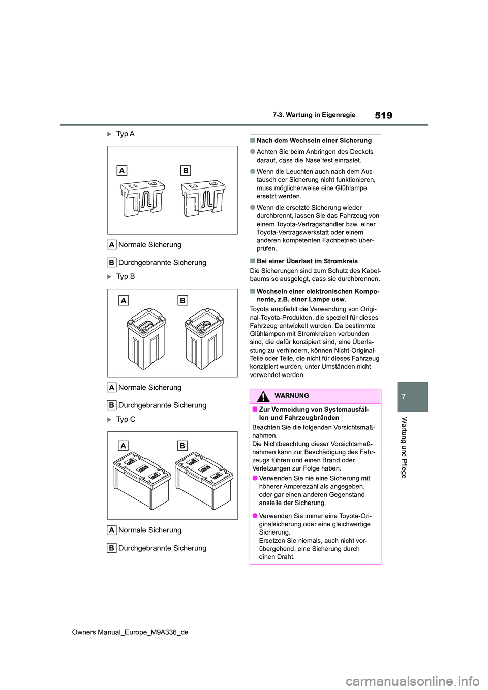 TOYOTA BZ4X 2022 Betriebsanleitungen (in German) 519
7
Owners Manual_Europe_M9A336_de
7-3. Wartung in Eigenregie
Wartung und Pflege
Ty p A
Normale Sicherung
Durchgebrannte Sicherung
Ty p B
Normale Sicherung
Durchgebrannte Sicherung
T TOYOTA BZ4X 2022 Betriebsanleitungen (in German) 519
7
Owners Manual_Europe_M9A336_de
7-3. Wartung in Eigenregie
Wartung und Pflege
Ty p A
Normale Sicherung
Durchgebrannte Sicherung
Ty p B
Normale Sicherung
Durchgebrannte Sicherung
T