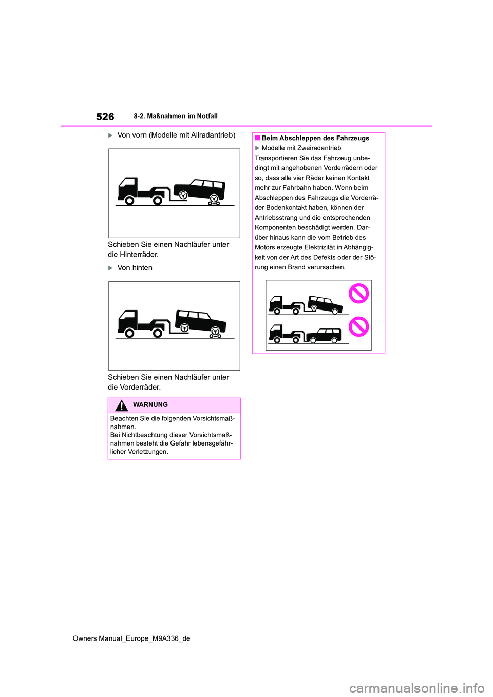 TOYOTA BZ4X 2022 Betriebsanleitungen (in German) 526
Owners Manual_Europe_M9A336_de
8-2. Maßnahmen im Notfall
Von vorn (Modelle mit Allradantrieb)
Schieben Sie einen Nachläufer unter
die Hinterräder.
Von hinten
Schieben Sie einen Nachl TOYOTA BZ4X 2022 Betriebsanleitungen (in German) 526
Owners Manual_Europe_M9A336_de
8-2. Maßnahmen im Notfall
Von vorn (Modelle mit Allradantrieb)
Schieben Sie einen Nachläufer unter
die Hinterräder.
Von hinten
Schieben Sie einen Nachl