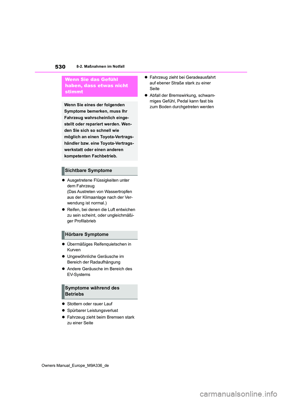 TOYOTA BZ4X 2022 Betriebsanleitungen (in German) 530
Owners Manual_Europe_M9A336_de
8-2. Maßnahmen im Notfall
Ausgetretene Flüssigkeiten unter
dem Fahrzeug
(Das Austreten von Wassertropfen
aus der Klimaanlage nach der Ver-
wendung ist normal TOYOTA BZ4X 2022 Betriebsanleitungen (in German) 530
Owners Manual_Europe_M9A336_de
8-2. Maßnahmen im Notfall
Ausgetretene Flüssigkeiten unter
dem Fahrzeug
(Das Austreten von Wassertropfen
aus der Klimaanlage nach der Ver-
wendung ist normal