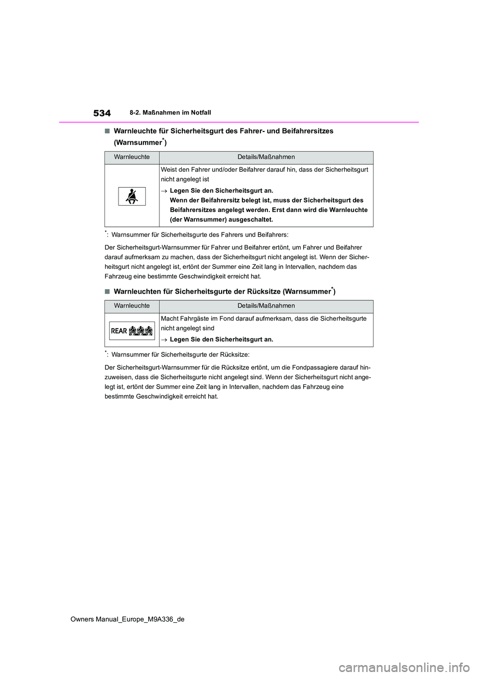 TOYOTA BZ4X 2022 Betriebsanleitungen (in German) 534
Owners Manual_Europe_M9A336_de
8-2. Maßnahmen im Notfall
■Warnleuchte für Sicherheitsgurt des Fahrer- und Beifahrersitzes
(Warnsummer*)
*: Warnsummer für Sicherheitsgur te des Fahrers und B TOYOTA BZ4X 2022 Betriebsanleitungen (in German) 534
Owners Manual_Europe_M9A336_de
8-2. Maßnahmen im Notfall
■Warnleuchte für Sicherheitsgurt des Fahrer- und Beifahrersitzes
(Warnsummer*)
*: Warnsummer für Sicherheitsgur te des Fahrers und B