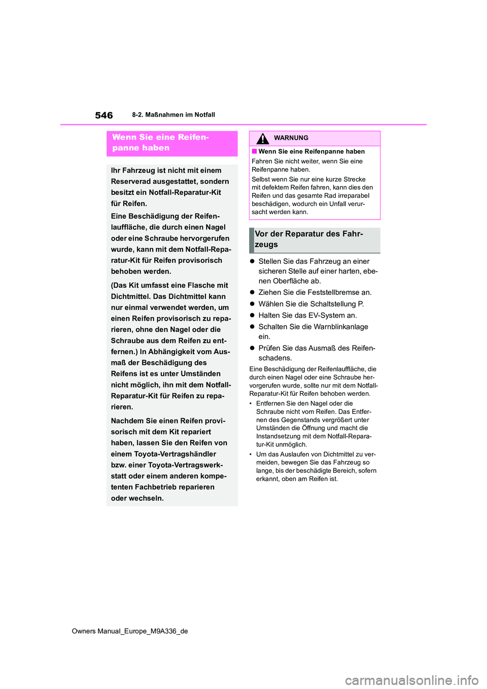 TOYOTA BZ4X 2022 Betriebsanleitungen (in German) 546
Owners Manual_Europe_M9A336_de
8-2. Maßnahmen im Notfall
Stellen Sie das Fahrzeug an einer
sicheren Stelle auf einer harten, ebe-
nen Oberfläche ab.
Ziehen Sie die Feststellbremse an. TOYOTA BZ4X 2022 Betriebsanleitungen (in German) 546
Owners Manual_Europe_M9A336_de
8-2. Maßnahmen im Notfall
Stellen Sie das Fahrzeug an einer
sicheren Stelle auf einer harten, ebe-
nen Oberfläche ab.
Ziehen Sie die Feststellbremse an.