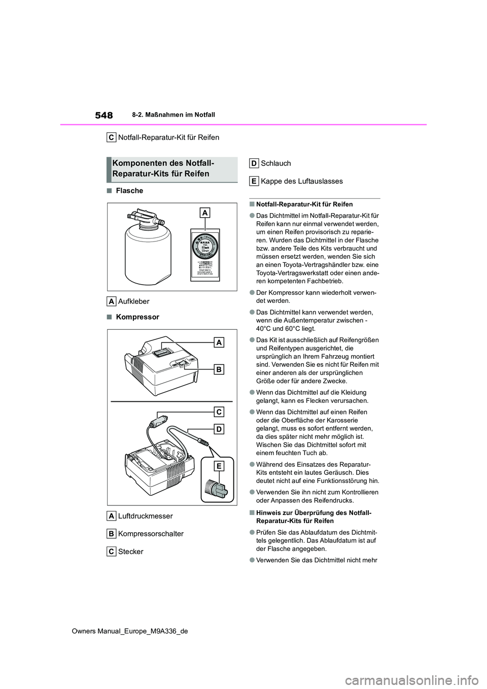 TOYOTA BZ4X 2022 Betriebsanleitungen (in German) 548
Owners Manual_Europe_M9A336_de
8-2. Maßnahmen im Notfall
Notfall-Reparatur-Kit für Reifen
■Flasche
Aufkleber
■Kompressor
Luftdruckmesser
Kompressorschalter
Stecker
Schlauch
Kappe des Lu TOYOTA BZ4X 2022 Betriebsanleitungen (in German) 548
Owners Manual_Europe_M9A336_de
8-2. Maßnahmen im Notfall
Notfall-Reparatur-Kit für Reifen
■Flasche
Aufkleber
■Kompressor
Luftdruckmesser
Kompressorschalter
Stecker
Schlauch
Kappe des Lu
