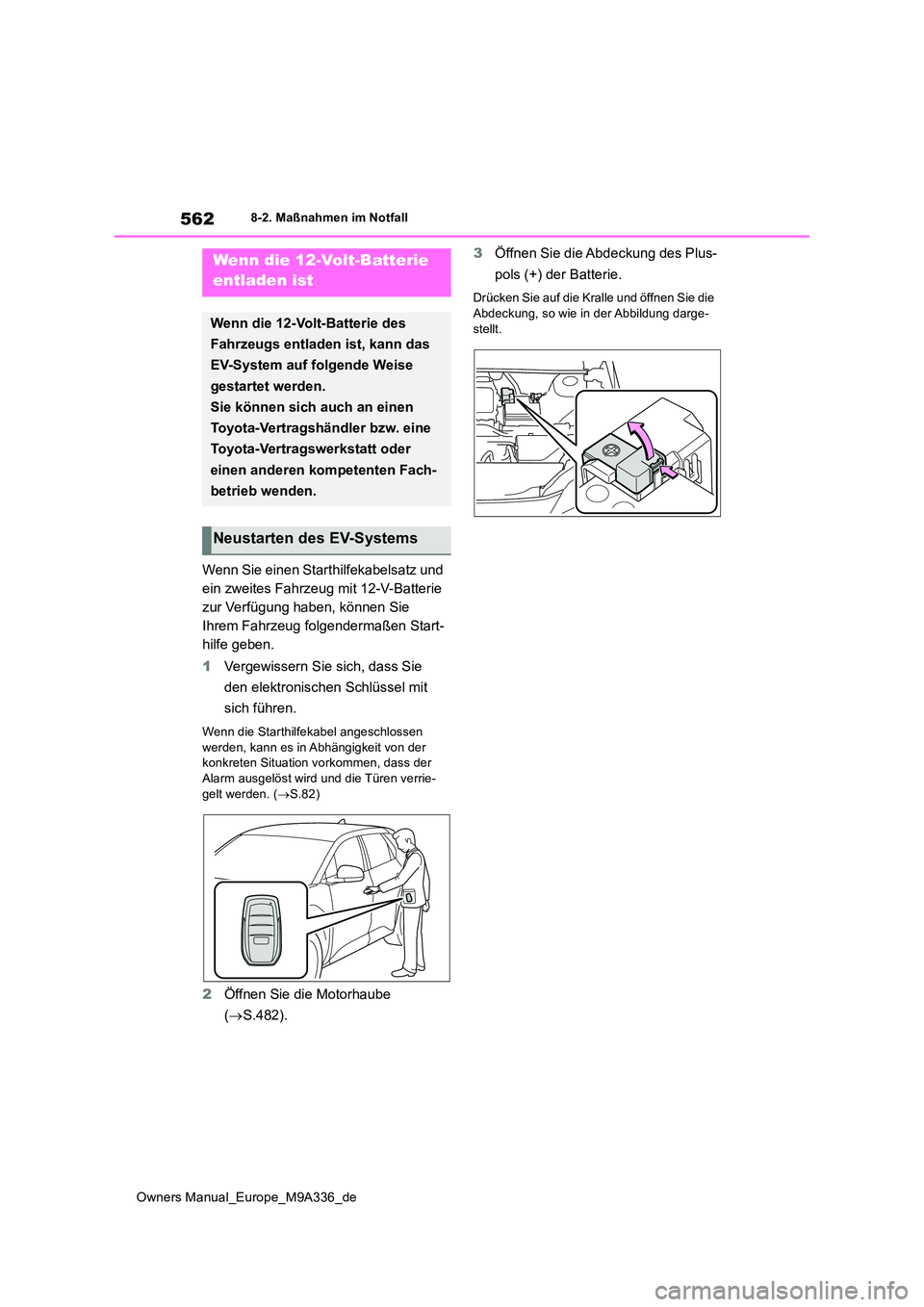 TOYOTA BZ4X 2022 Betriebsanleitungen (in German) 562
Owners Manual_Europe_M9A336_de
8-2. Maßnahmen im Notfall
Wenn Sie einen Starthilfekabelsatz und
ein zweites Fahrzeug mit 12-V-Batterie
zur Verfügung haben, können Sie
Ihrem Fahrzeug folgend TOYOTA BZ4X 2022 Betriebsanleitungen (in German) 562
Owners Manual_Europe_M9A336_de
8-2. Maßnahmen im Notfall
Wenn Sie einen Starthilfekabelsatz und
ein zweites Fahrzeug mit 12-V-Batterie
zur Verfügung haben, können Sie
Ihrem Fahrzeug folgend