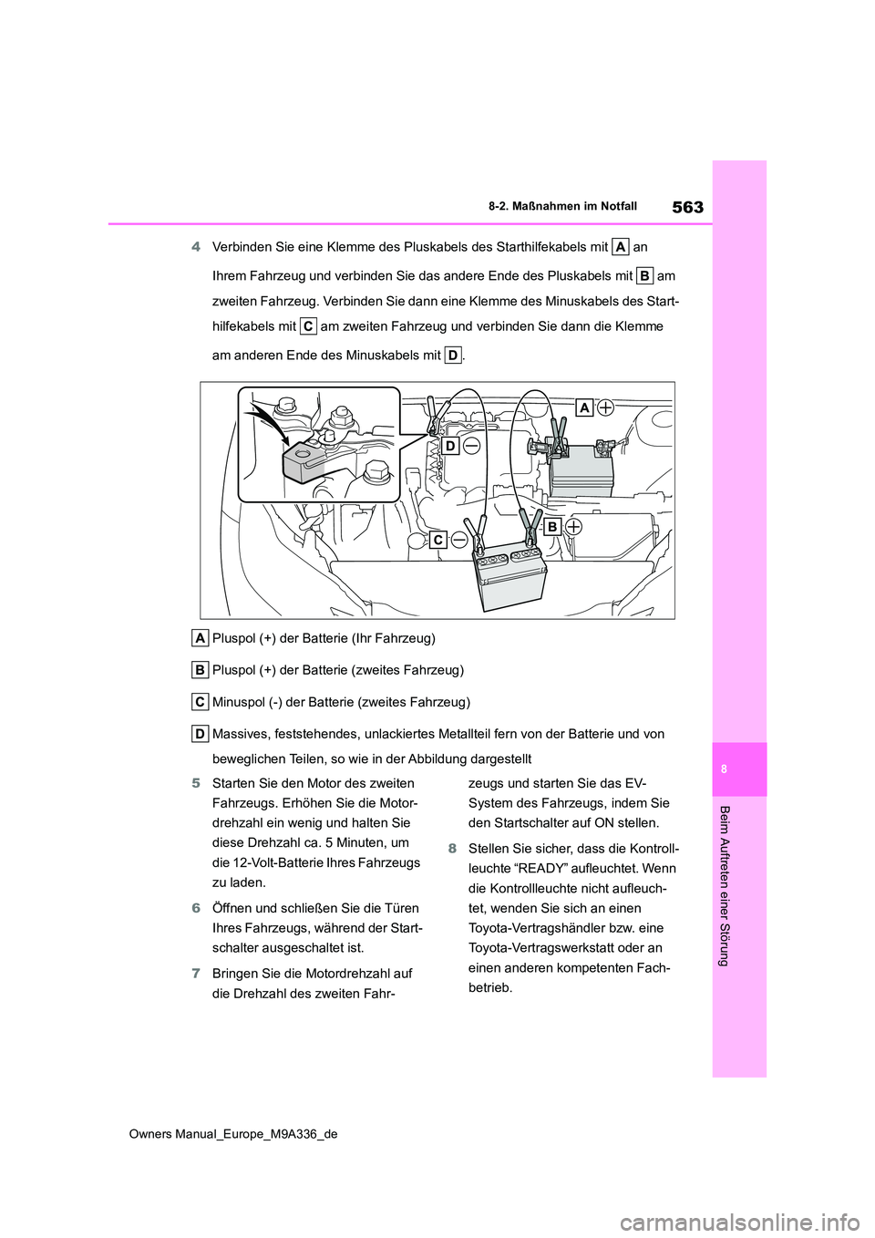 TOYOTA BZ4X 2022 Betriebsanleitungen (in German) 563
8
Owners Manual_Europe_M9A336_de
8-2. Maßnahmen im Notfall
Beim Auftreten einer Störung
4Verbinden Sie eine Klemme des Pluskabels des Starthilfekabels mit an
Ihrem Fahrzeug und verbinden Sie TOYOTA BZ4X 2022 Betriebsanleitungen (in German) 563
8
Owners Manual_Europe_M9A336_de
8-2. Maßnahmen im Notfall
Beim Auftreten einer Störung
4Verbinden Sie eine Klemme des Pluskabels des Starthilfekabels mit an
Ihrem Fahrzeug und verbinden Sie